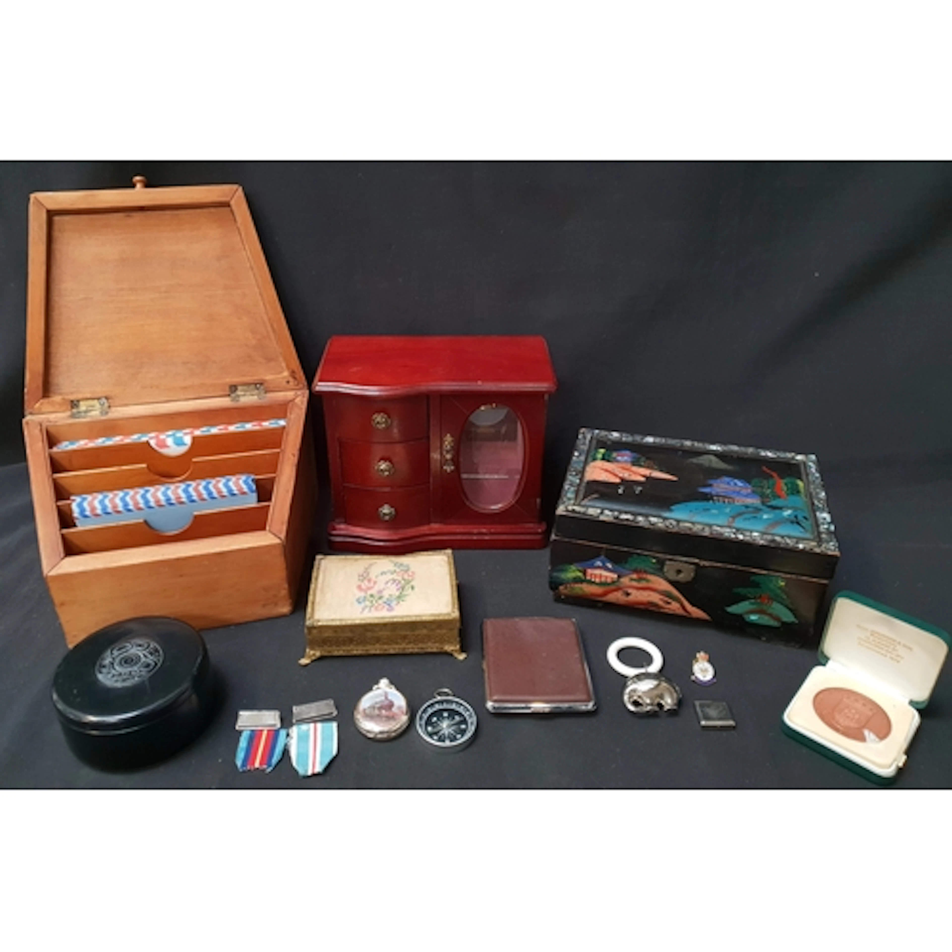 SELECTION OF VINTAGE BOXES including a black lacquered and p...