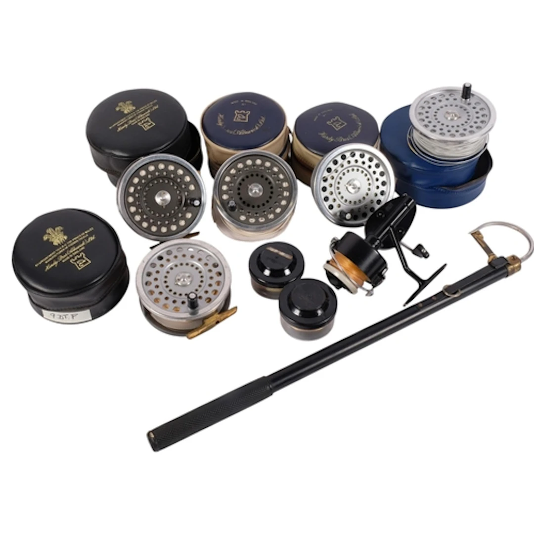 A group of various salmon and other fishing reels, including...
