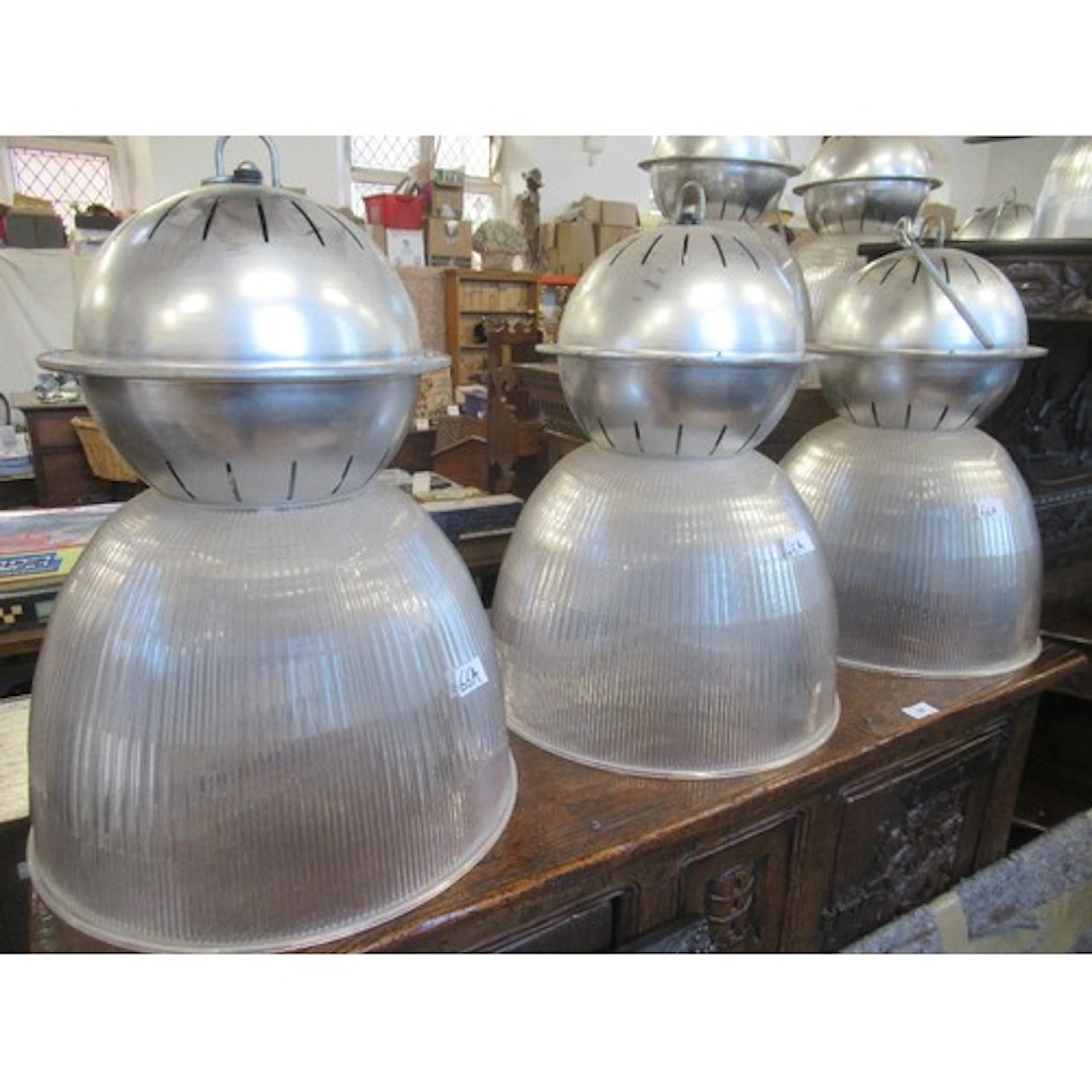 Three vintage style Holphane pendant light fittings