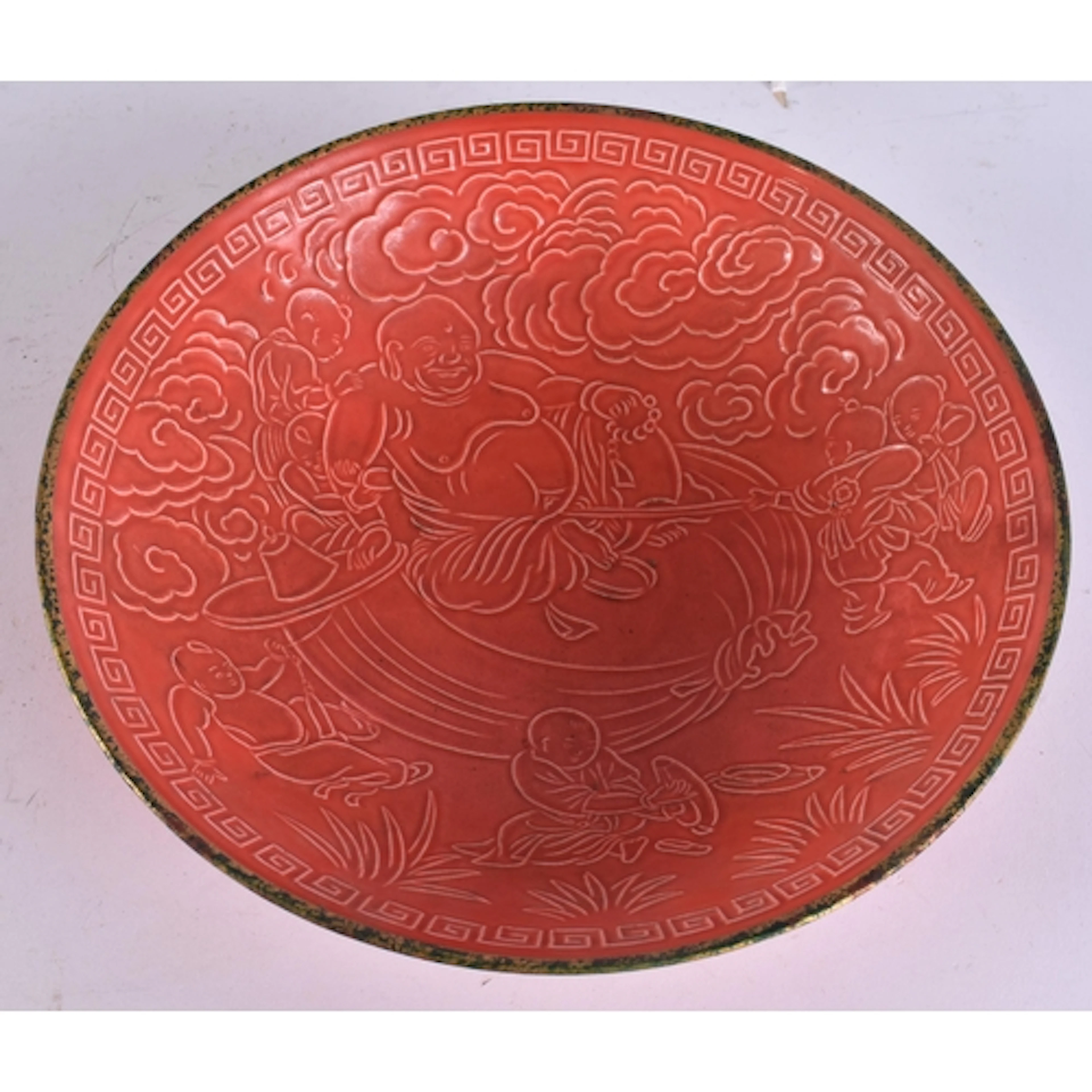 A CHINESE CORAL GLAZED PORCELAIN BOWL. 23 cm wide.