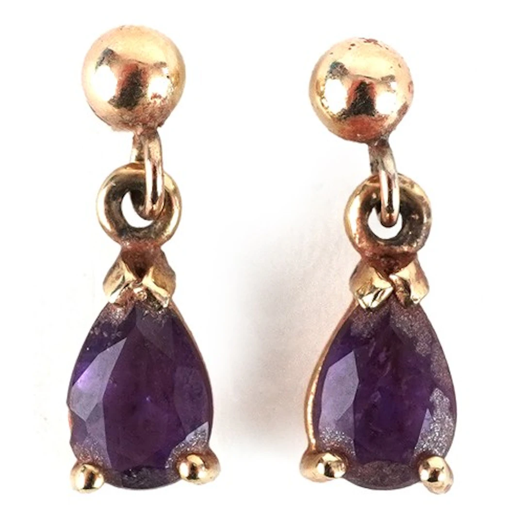 Pair of 9ct gold amethyst teardrop earrings, 1.3cm high, tot...