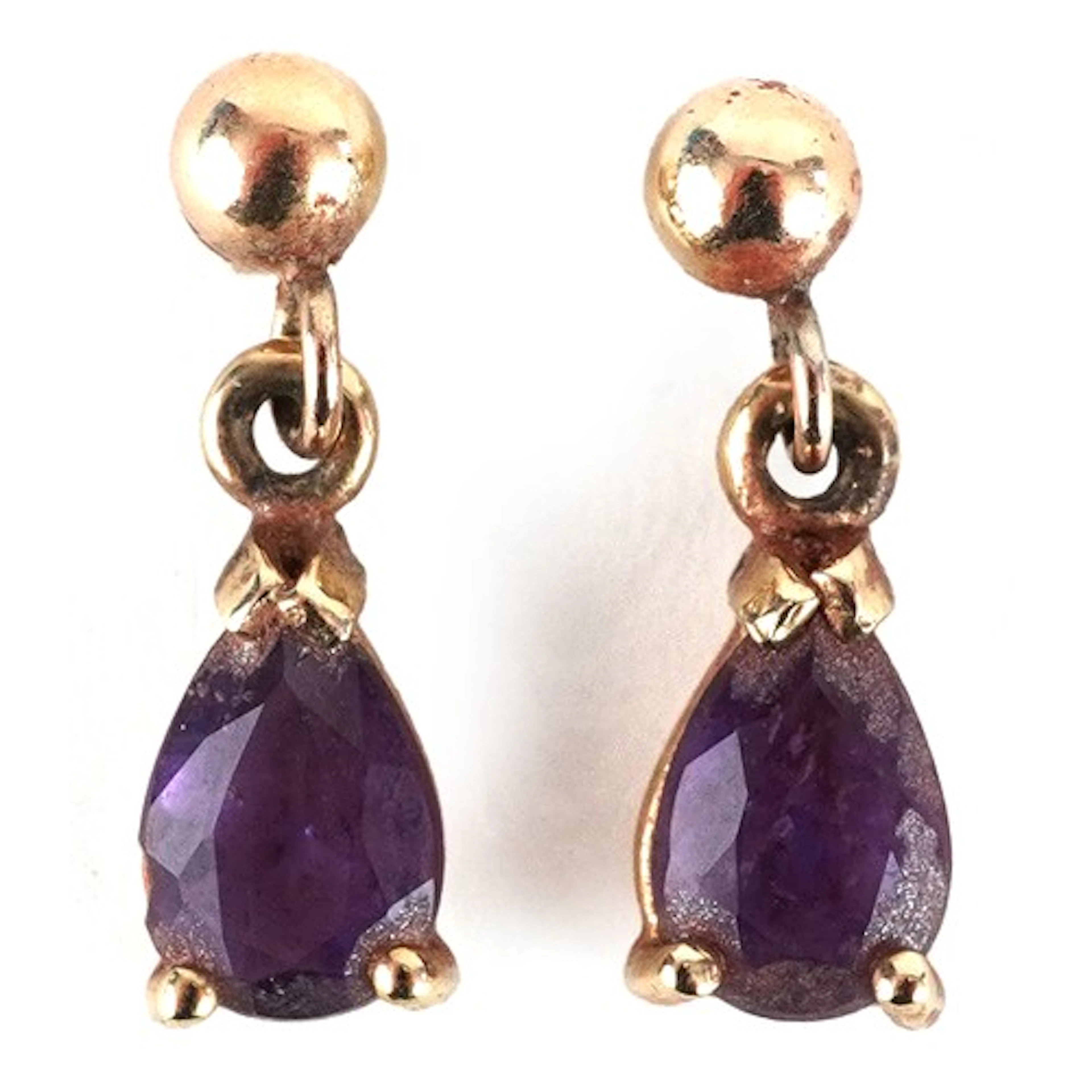 Pair of 9ct gold amethyst teardrop earrings, 1.3cm high, tot...