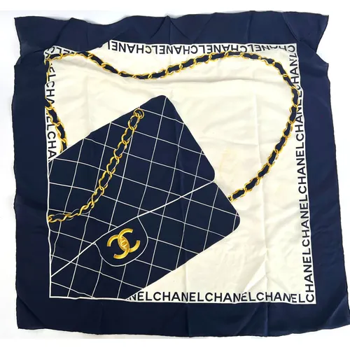 A Chanel blue and white 'Matelasse bag' print silk scarf , 8...