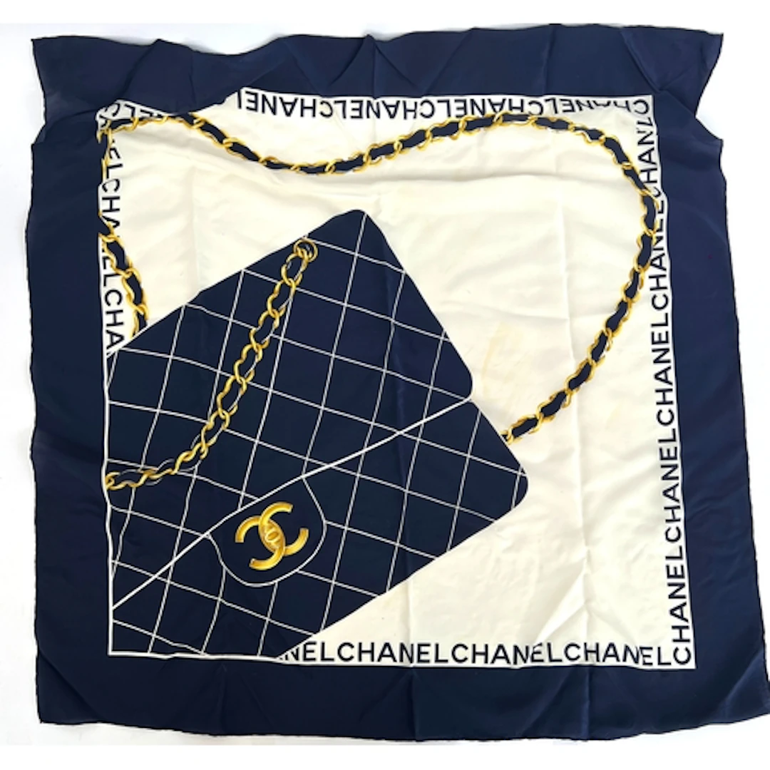 A Chanel blue and white 'Matelasse bag' print silk scarf , 8...