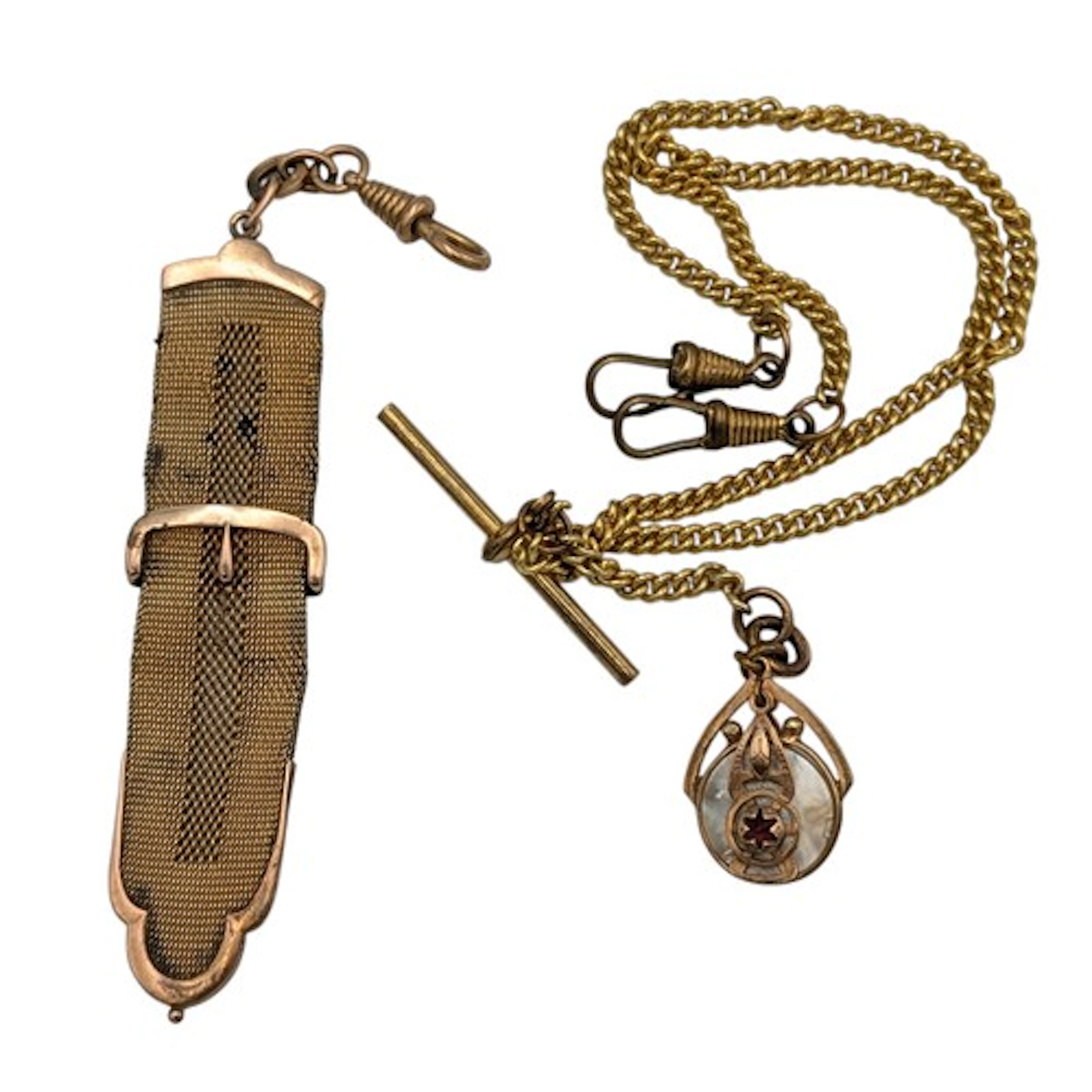 An Albert chain with yellow metal Art Nouveau fob mounted wi...
