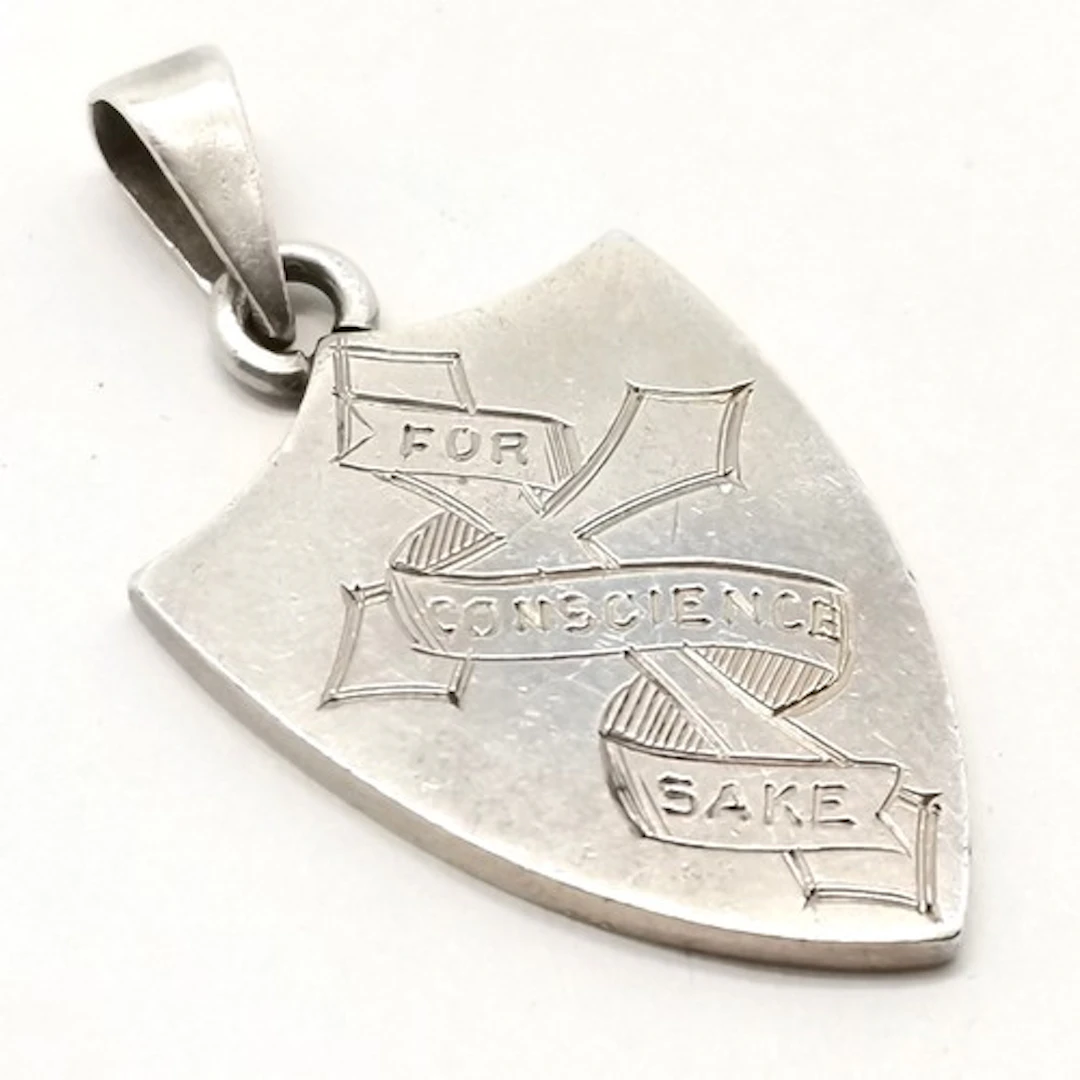 1914 WWI 'For conscience sake' unmarked silver shield pendan...