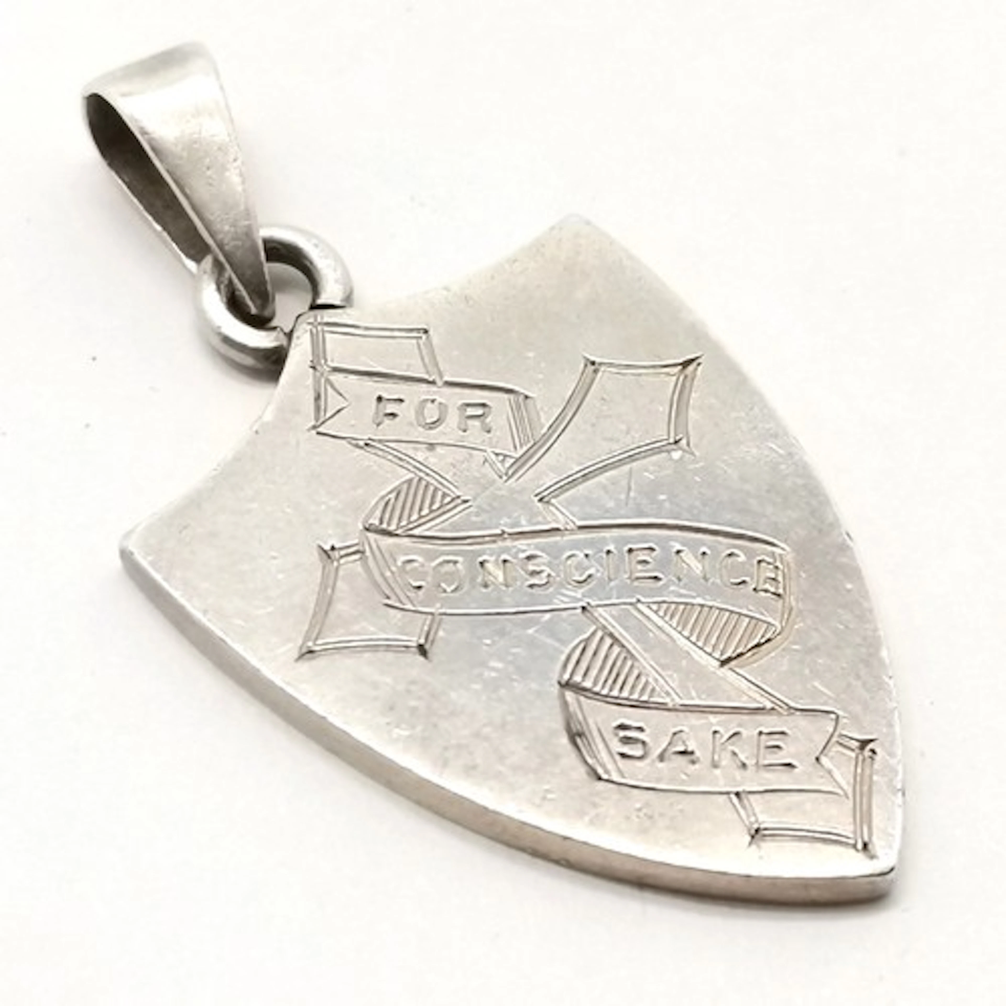 1914 WWI 'For conscience sake' unmarked silver shield pendan...