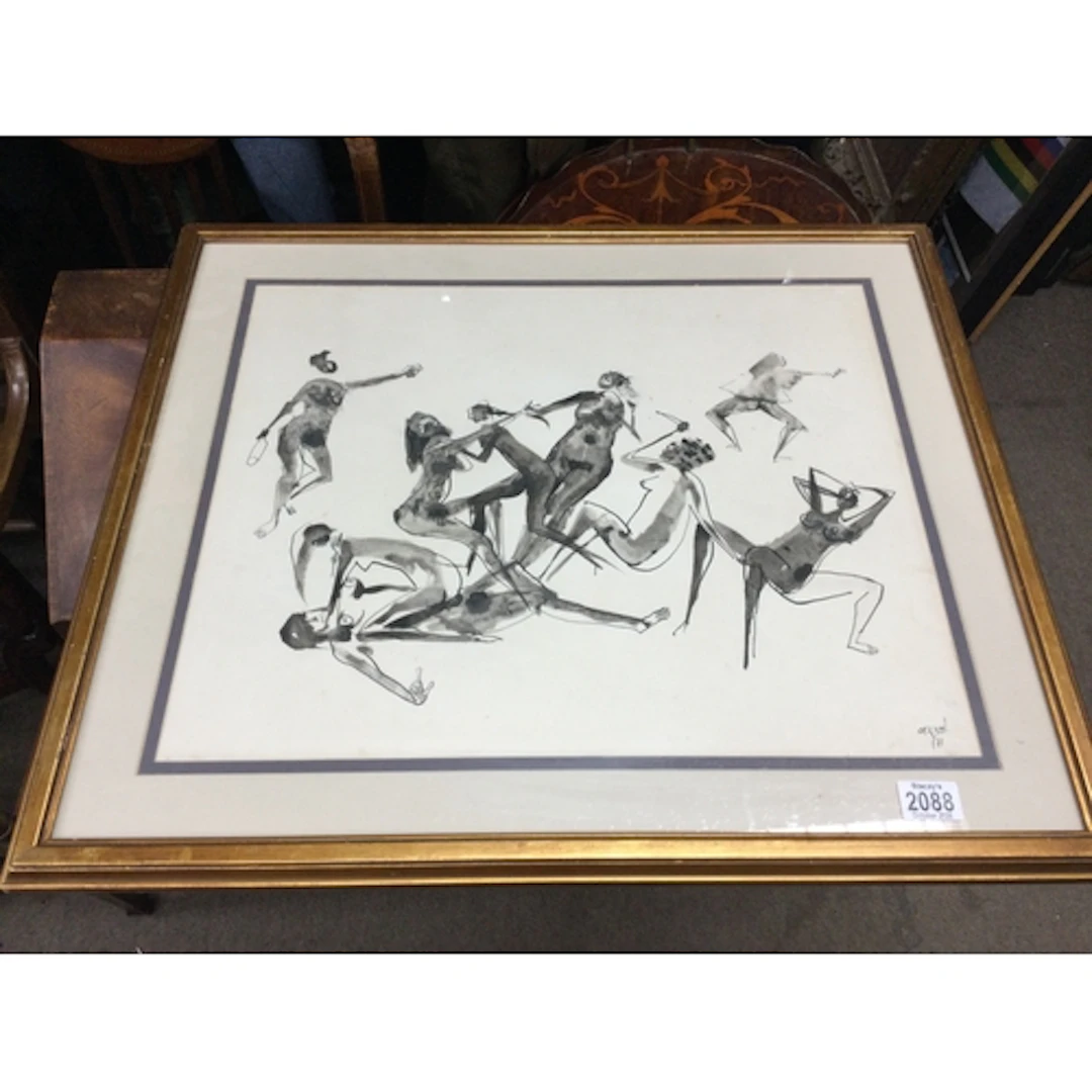 Ink scetch depicting fighting female figures. The applied la...