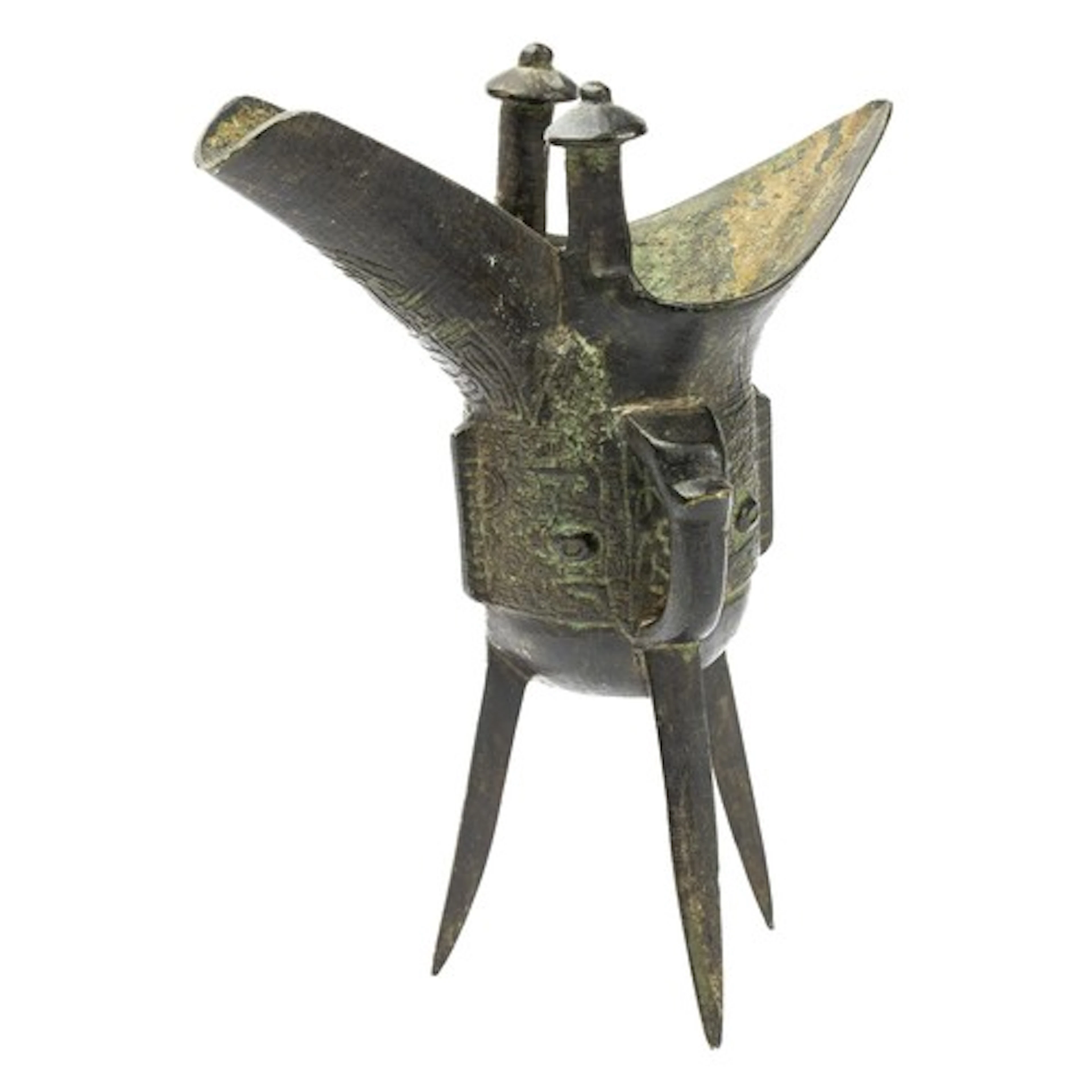 A Chinese bronze vessel, known as a Jue, historically from t...