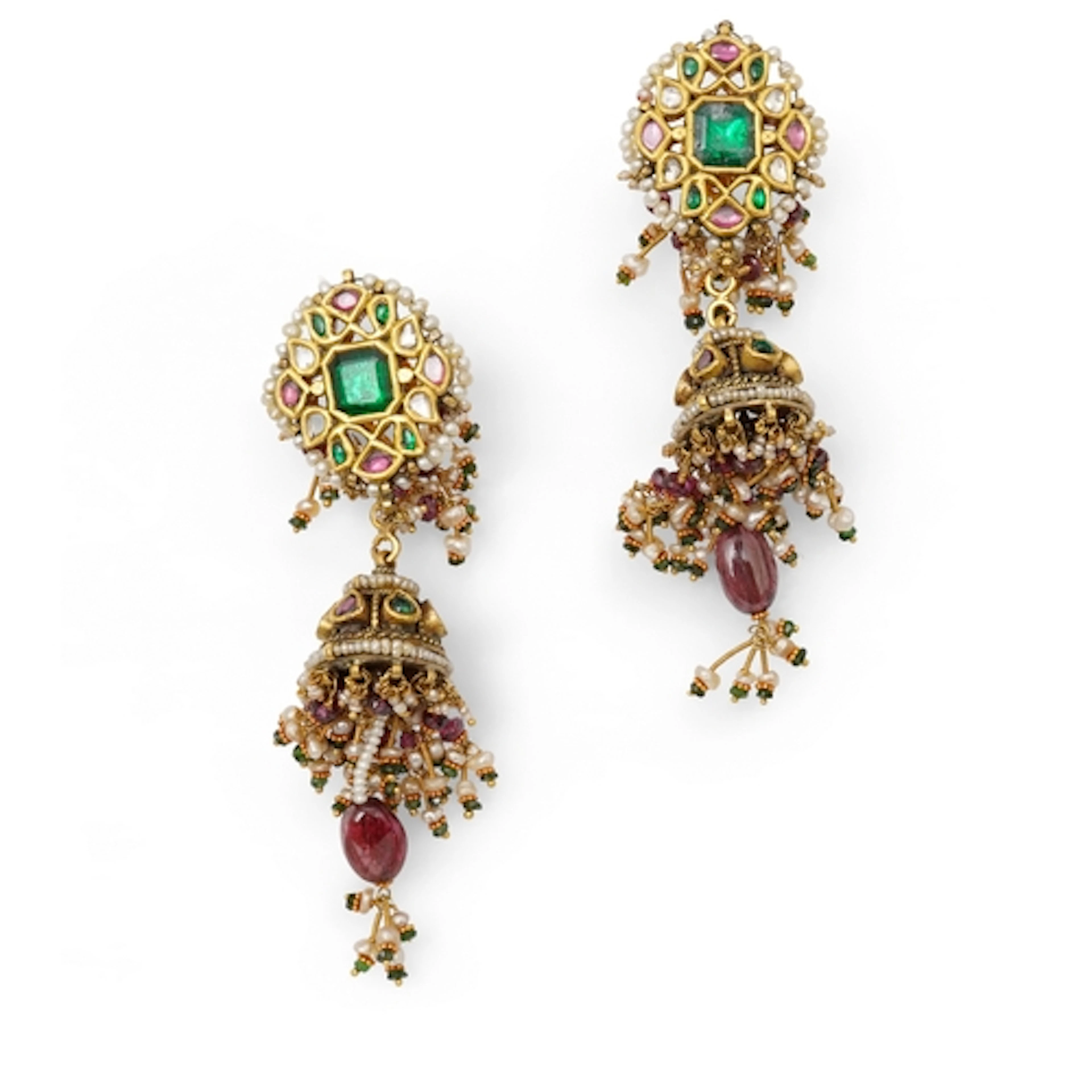 A pair of emerald, garnet, seed pearl and diamond earrings, ...