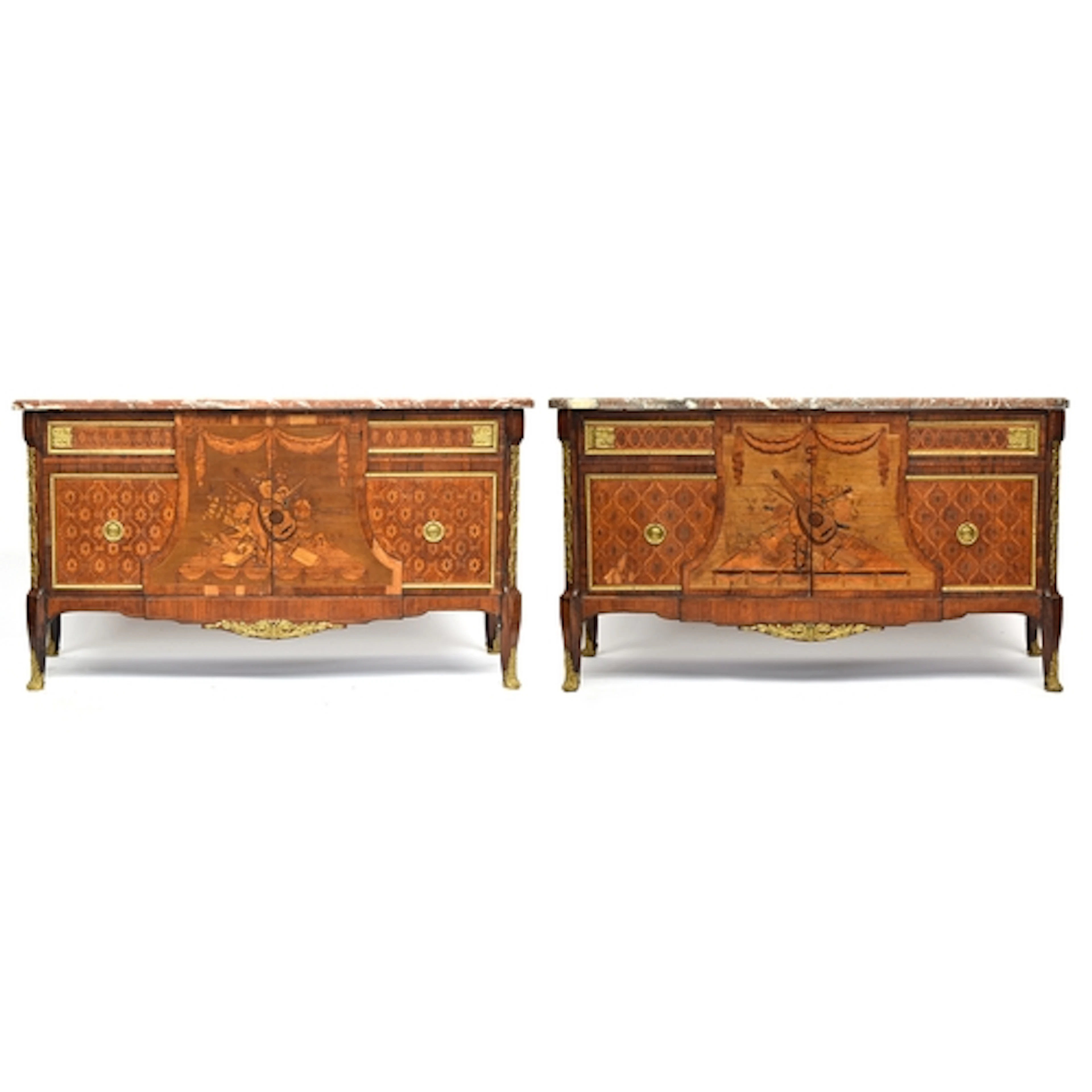 A pair of marble topped, marquetry and ormolu mounted commod...