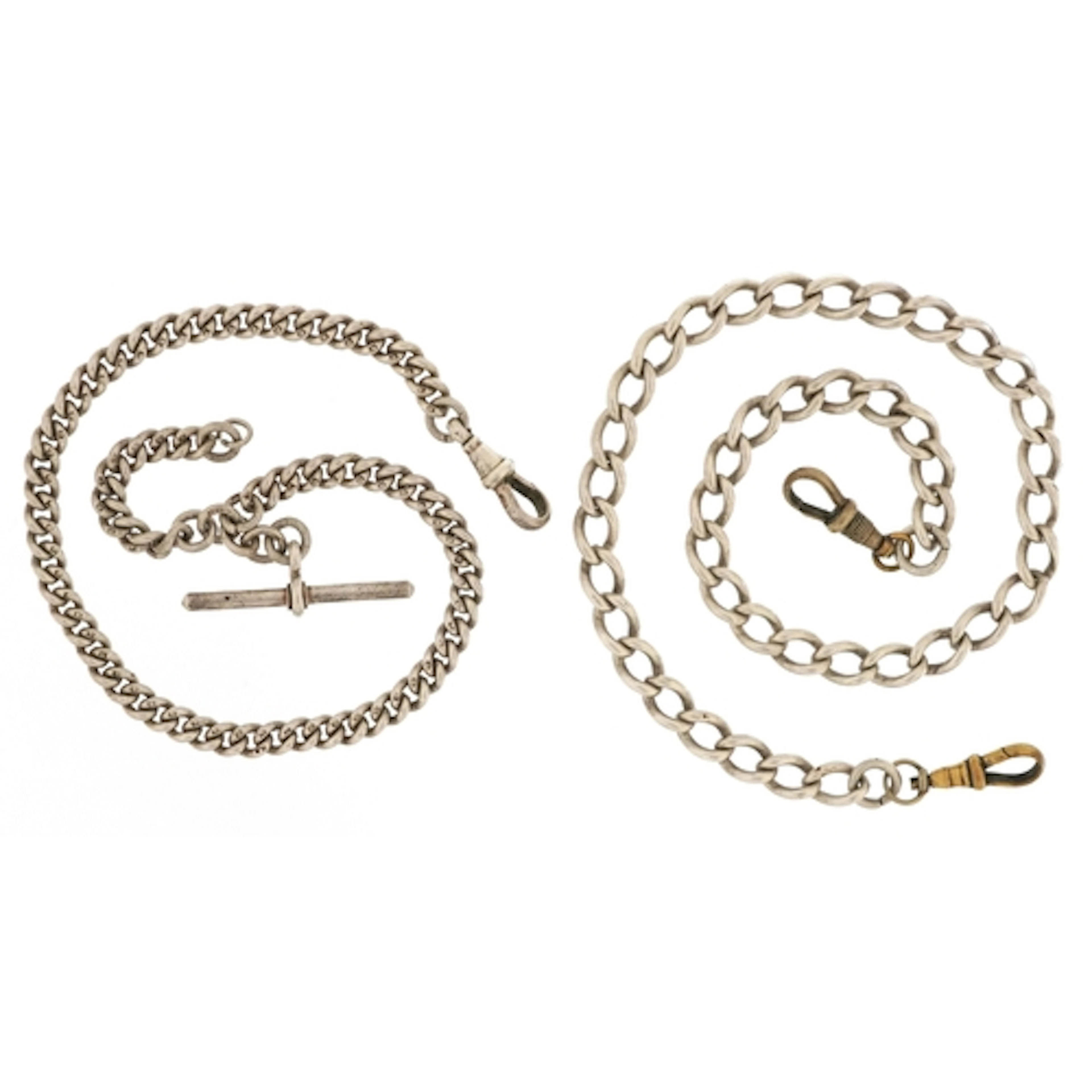 Two silver watch chains, one with silver T bar and dog clip ...