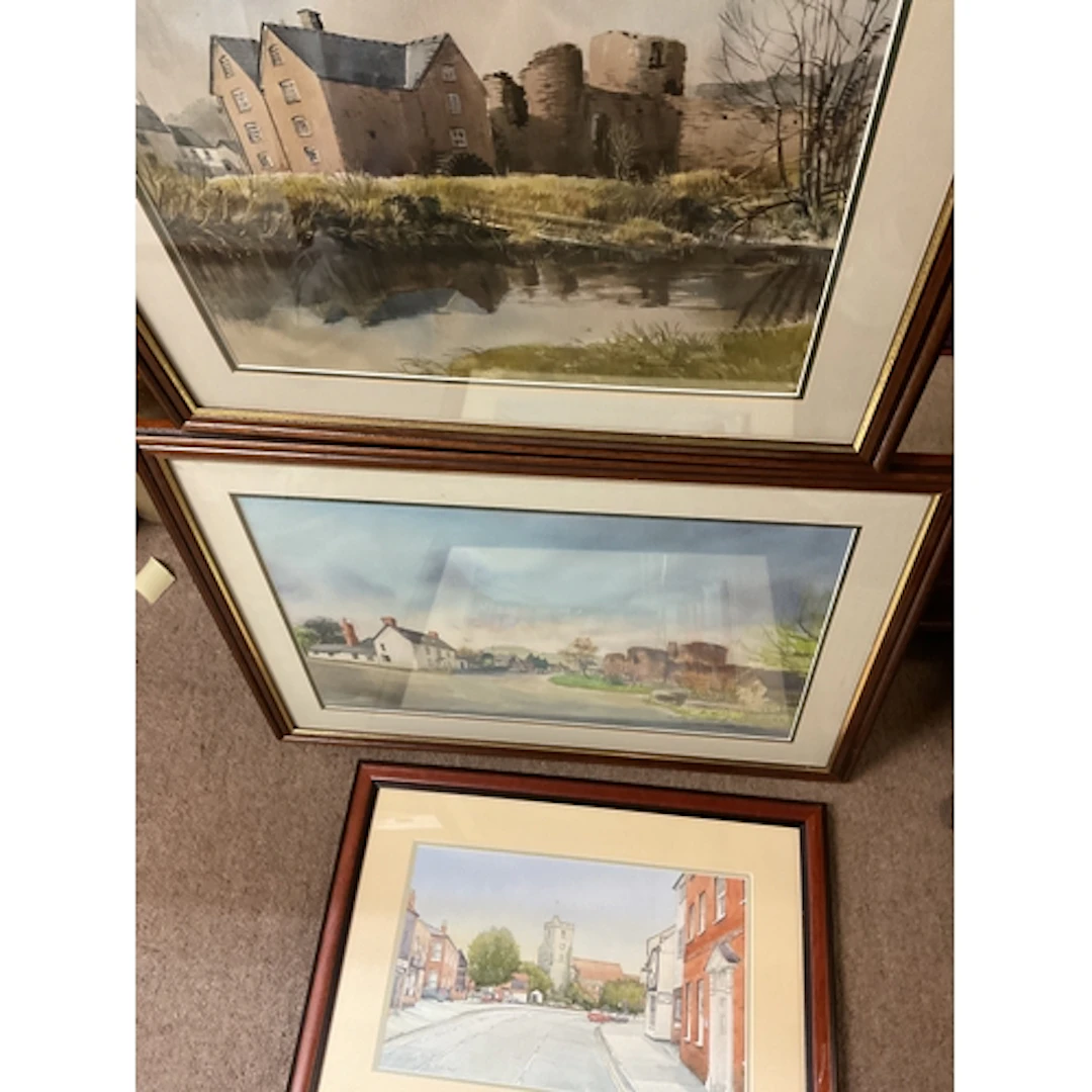 Three framed and glazed watercolours of town scenes. NO RES...