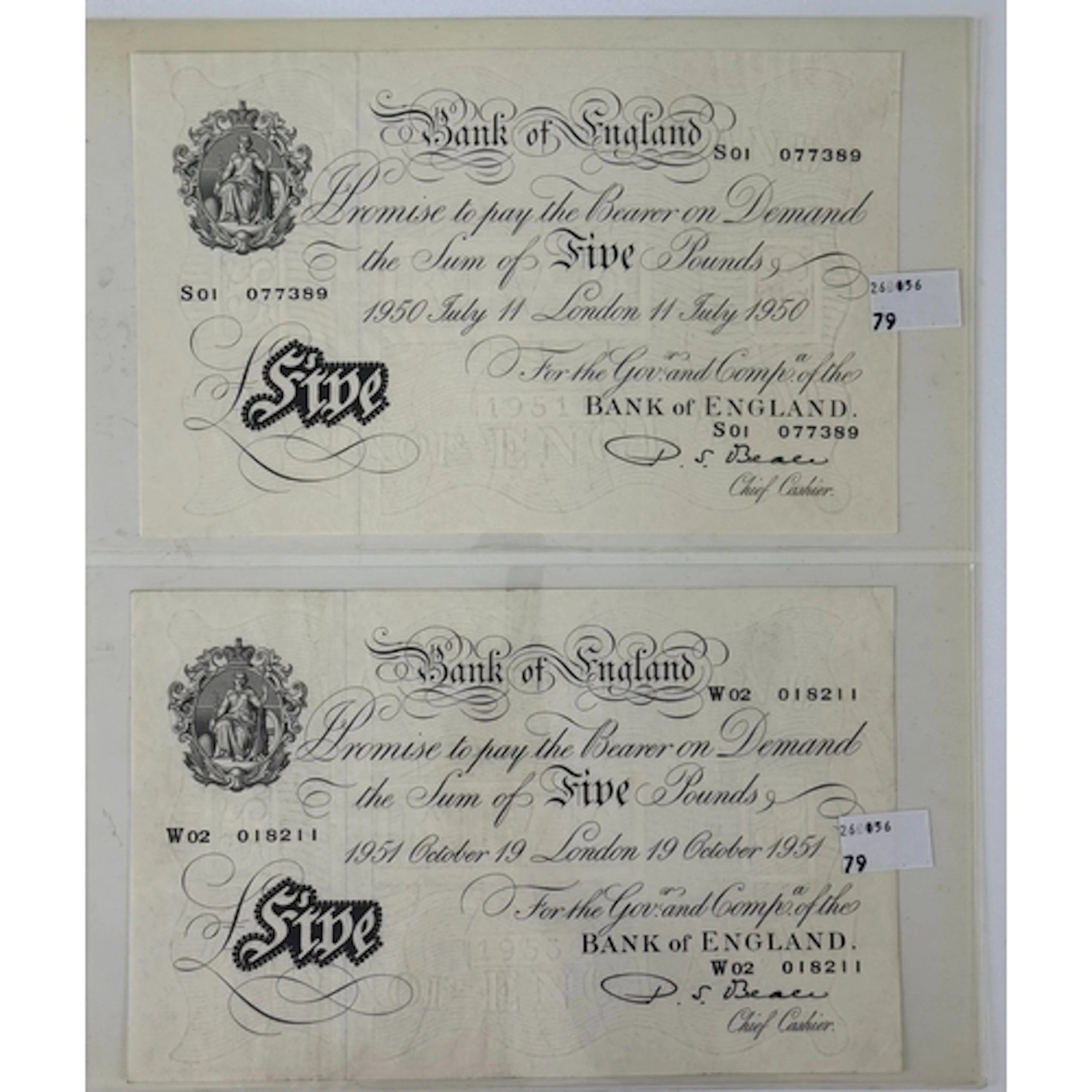 Banknotes: Percival S Beale £5 notes (2), 1st March 1949, se...