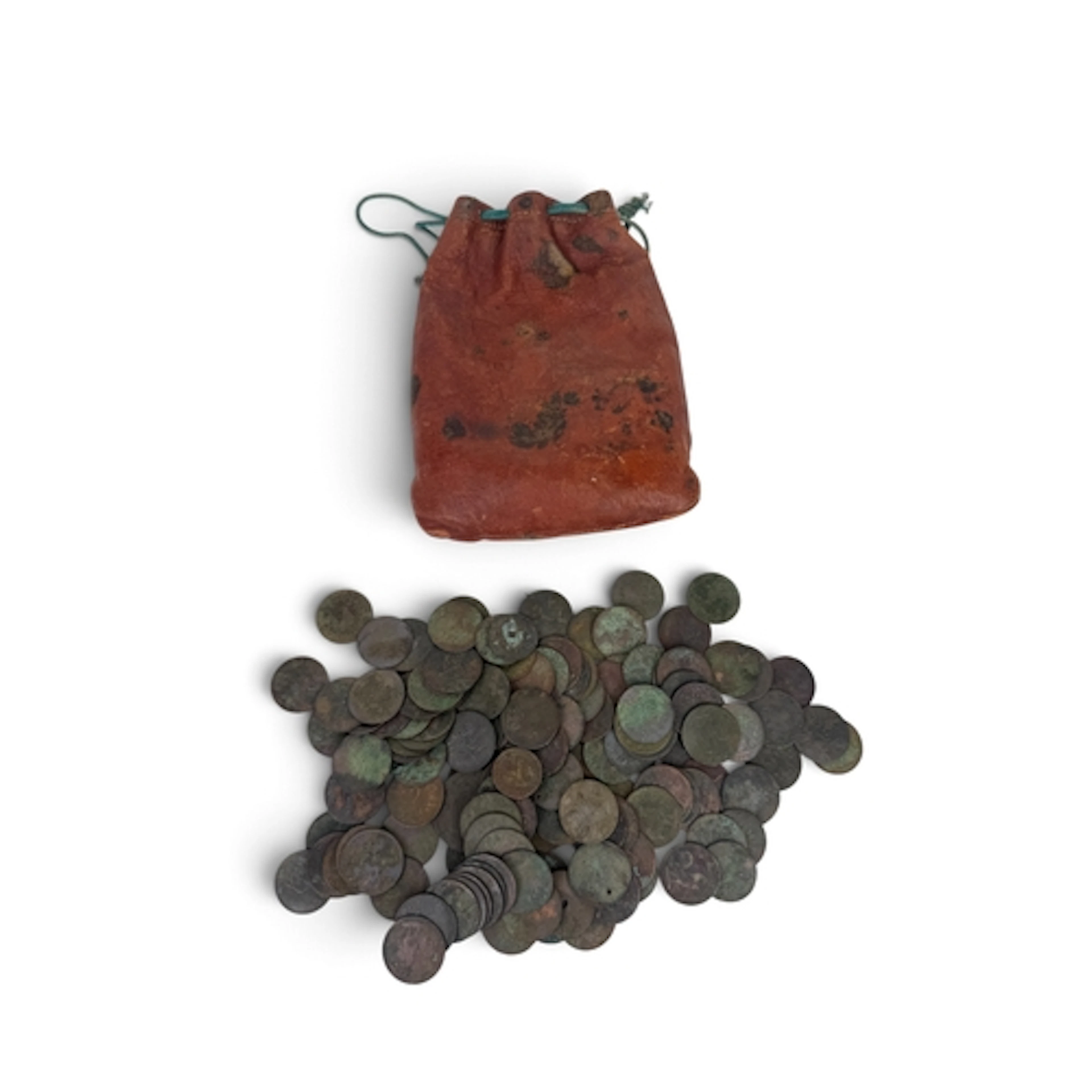 A COLLECTION OF INDIAN COINS IN A LEATHER POUCH, INCLUDING 1...