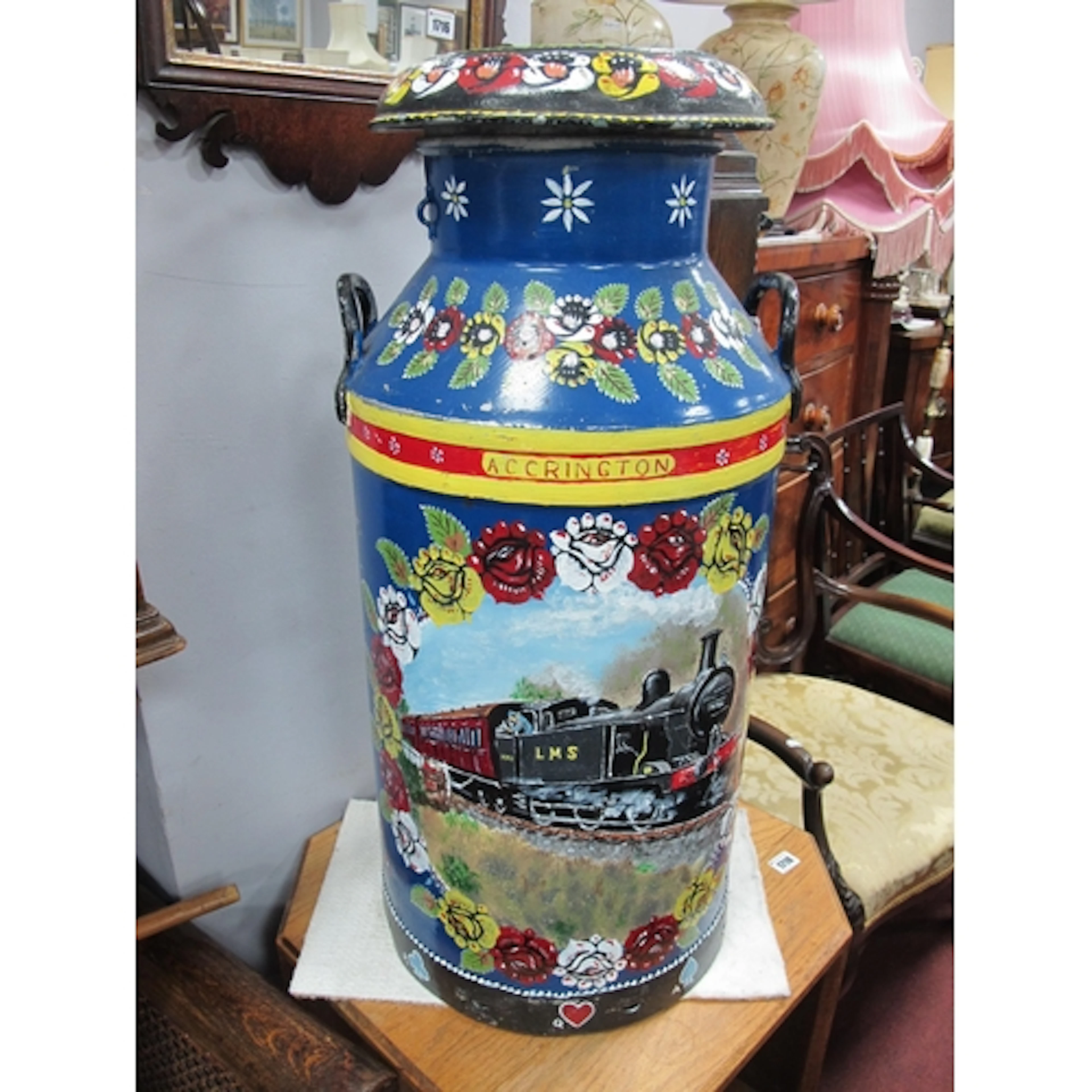 Twin Handled Painted Milk Churn, decorated with a steam trai...