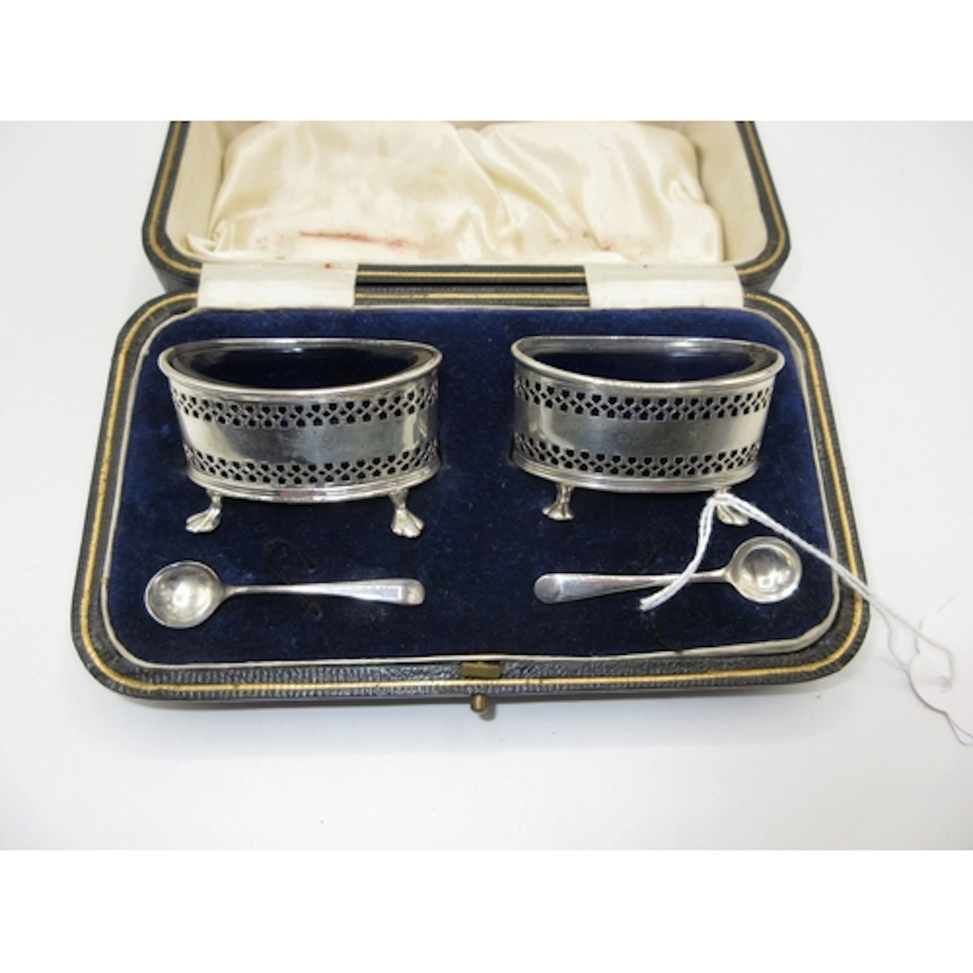 Pair of Silver Pierced Oval Salt Cellars and Spoons, Sheffie...
