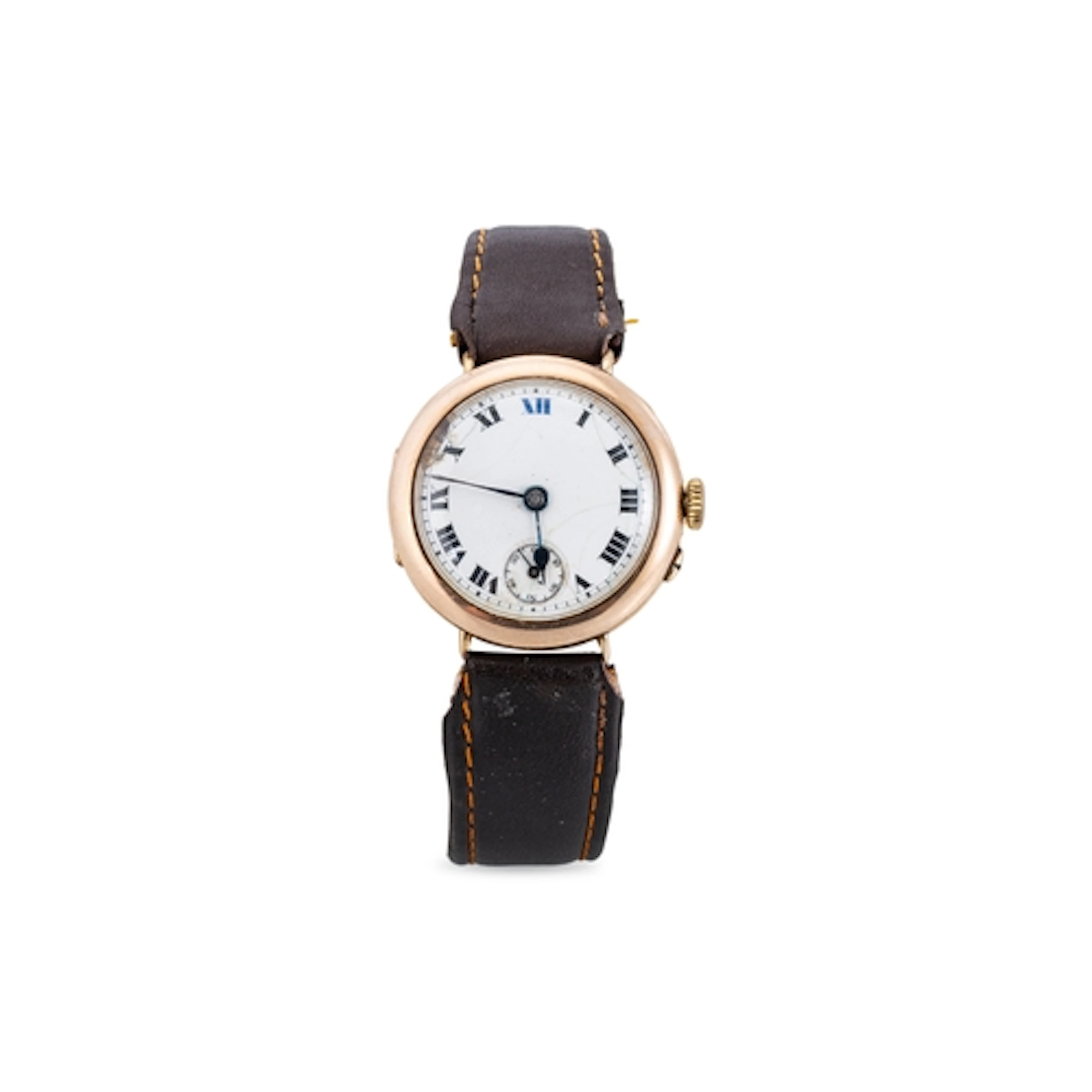 A 1920's TRENCH STYLE WRIST WATCH, brown leather strap, Roma...
