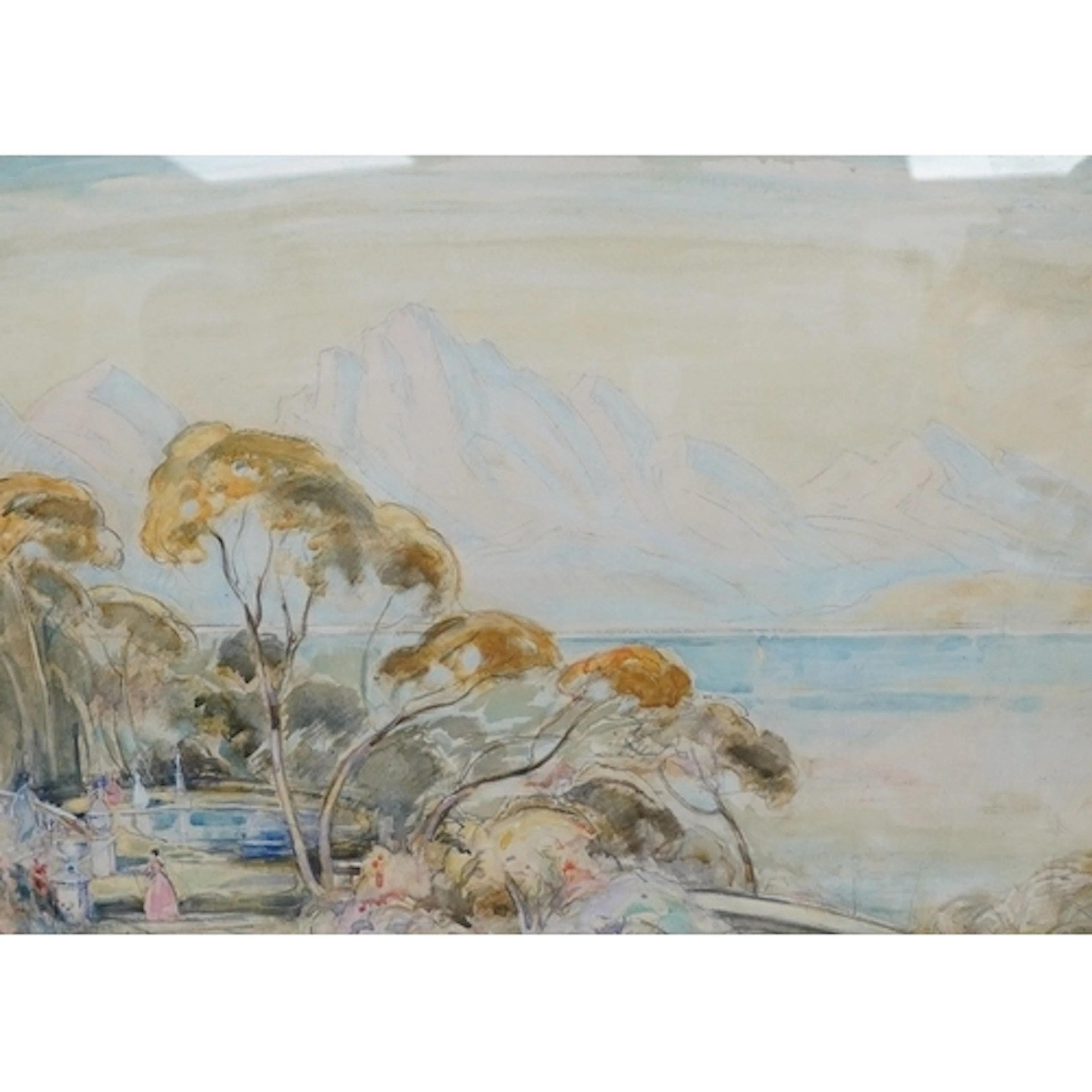 20th century, mountainous lakeside landscape, indistinctly s...