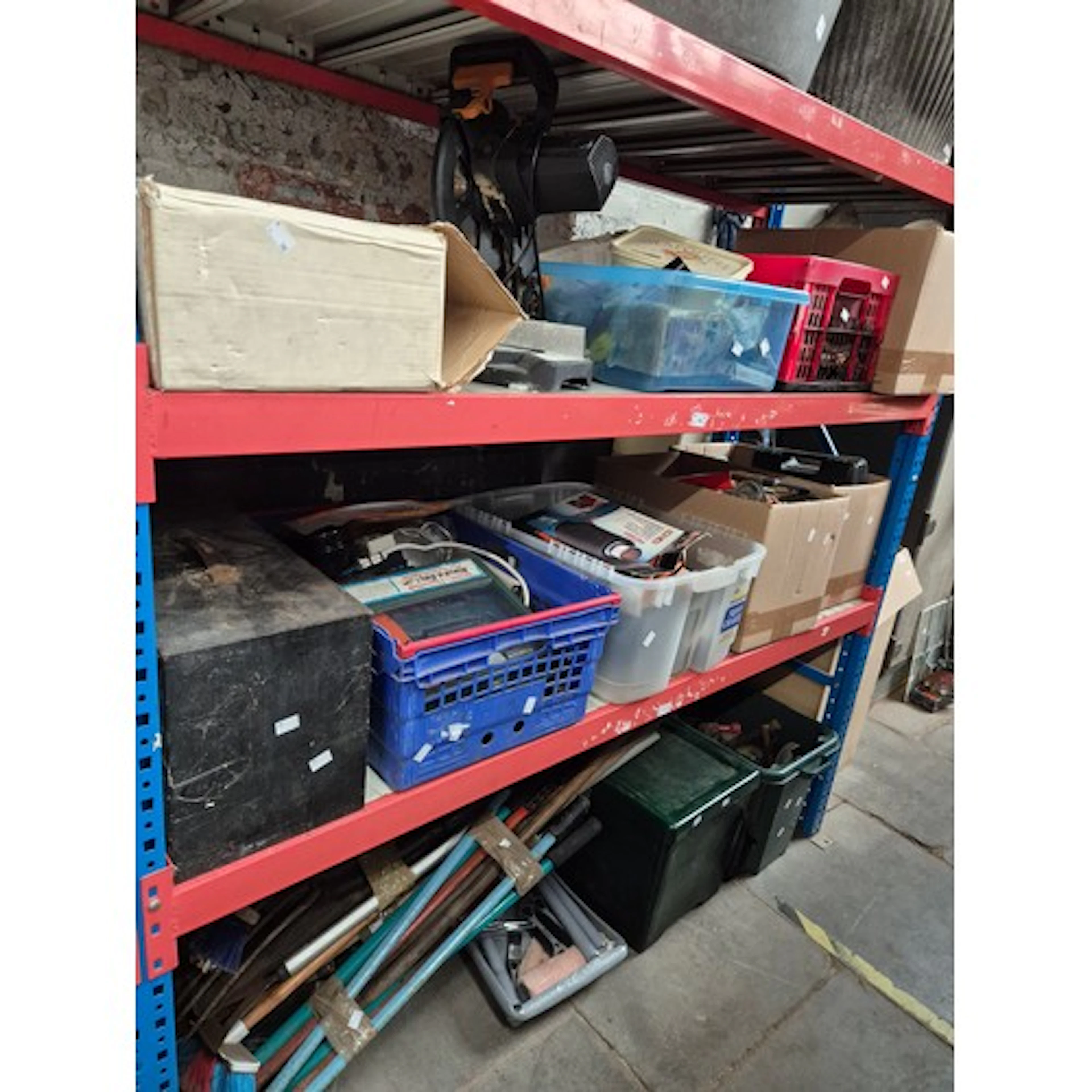 11 boxes of various tools etc together with garden tools, an...