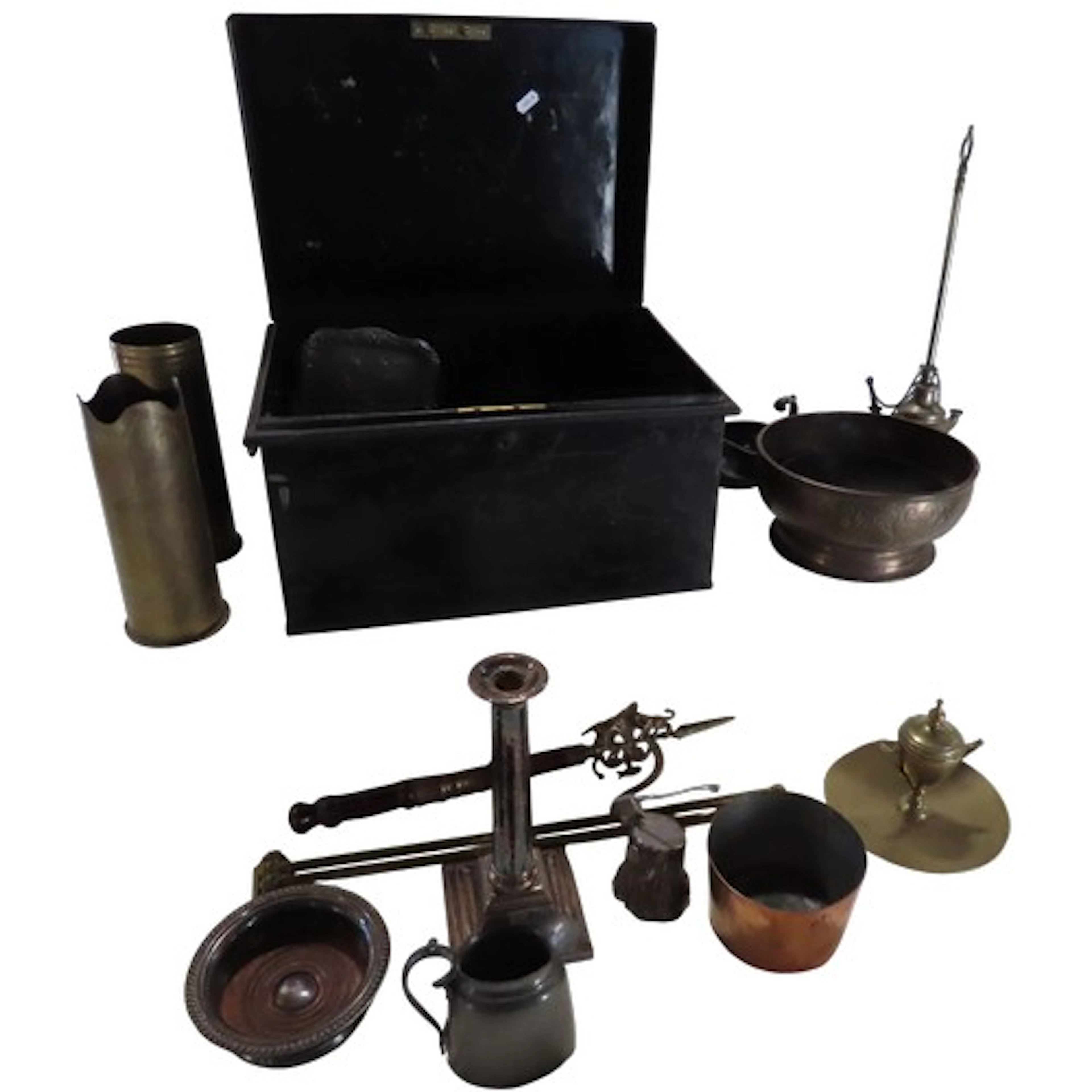A Japanned tin deed box containing assorted metalware to inc...
