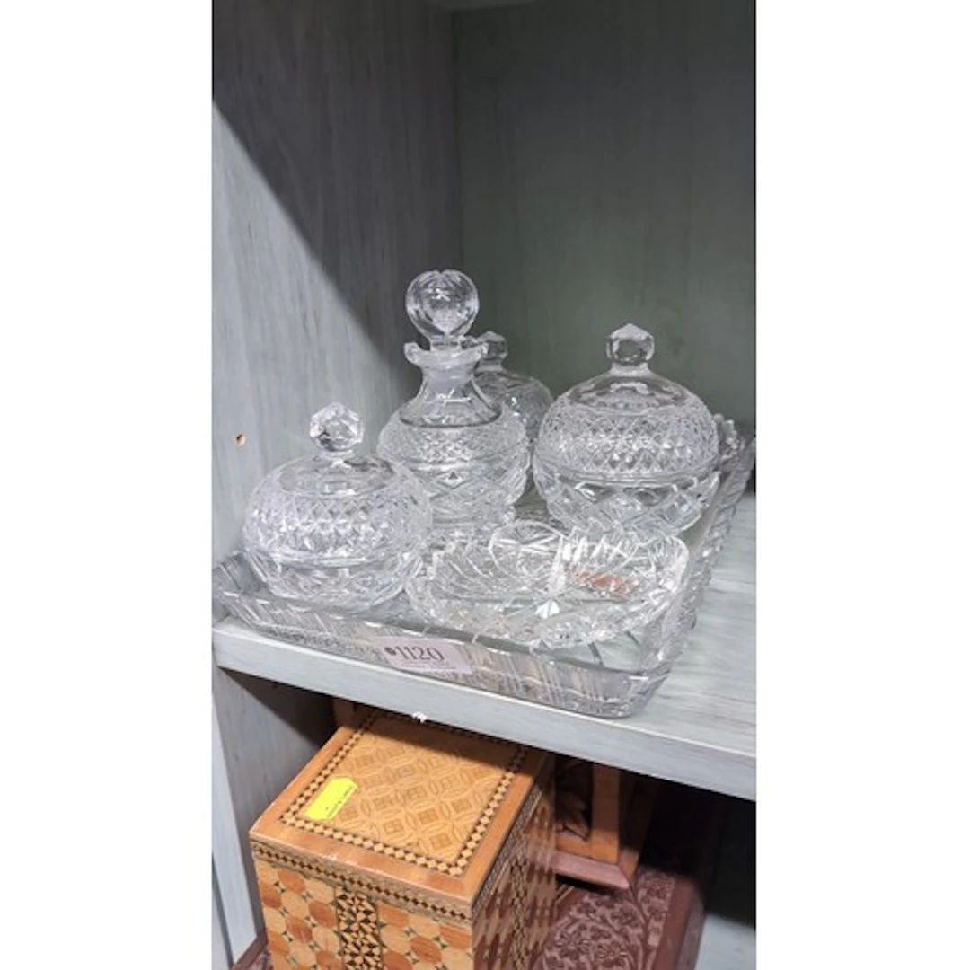 Cut-glass dressing-table set comprising a stoppered bottle, ...