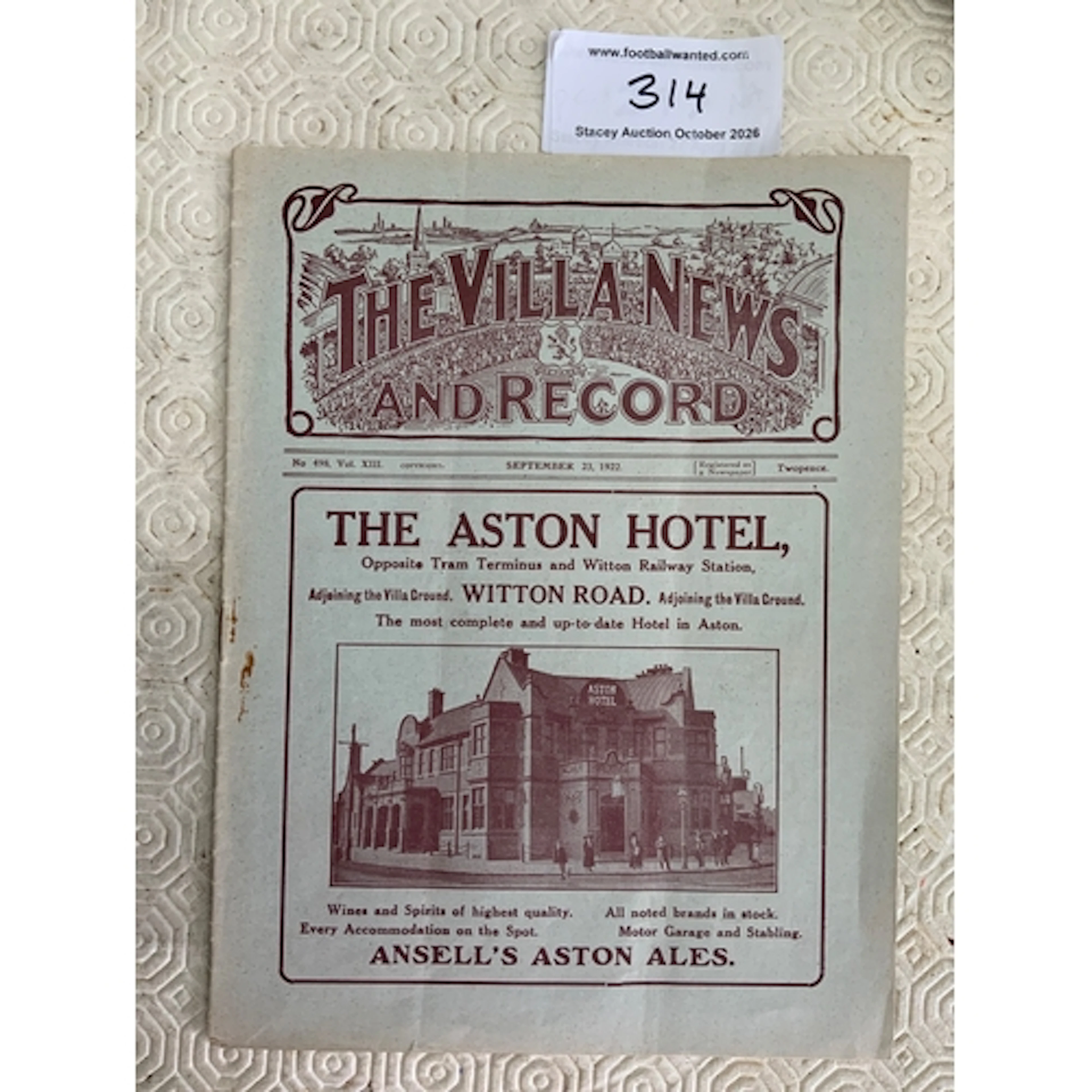 1922 - 1923 Aston Villa v Middlesbrough Football Programme: ...
