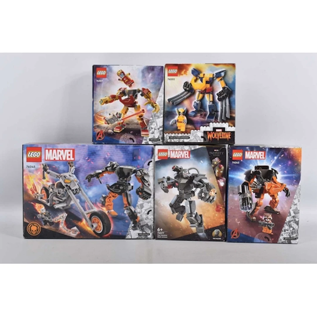 FIVE BOXED AND SEALED MARVEL LEGO SETS, to include set 76245...