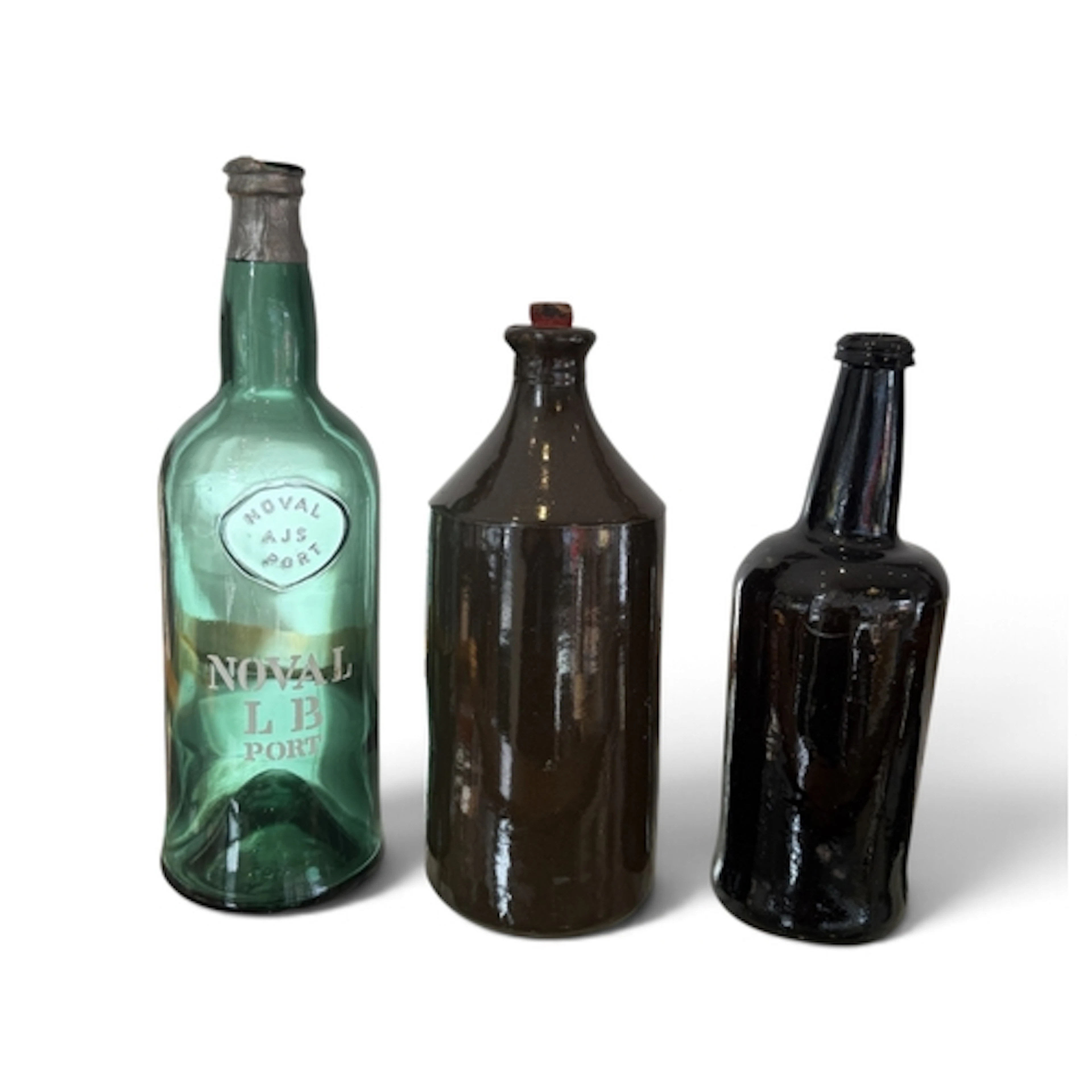 THREE VINTAGE/ANTIQUE GLASS BOTTLES Largest 34cm H...