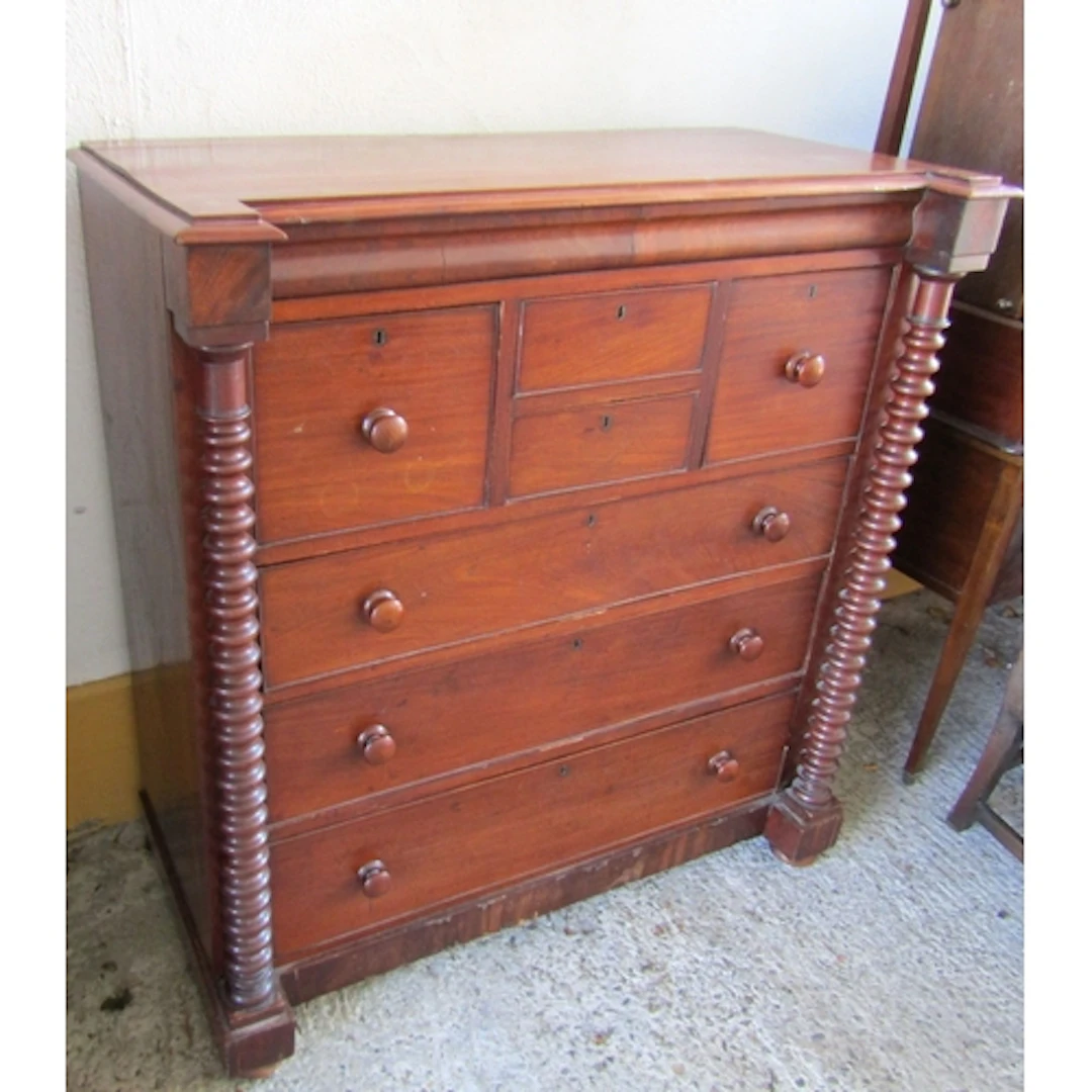 Early Victorian Mahogany Chest of Drawers Turned Side Suppor...