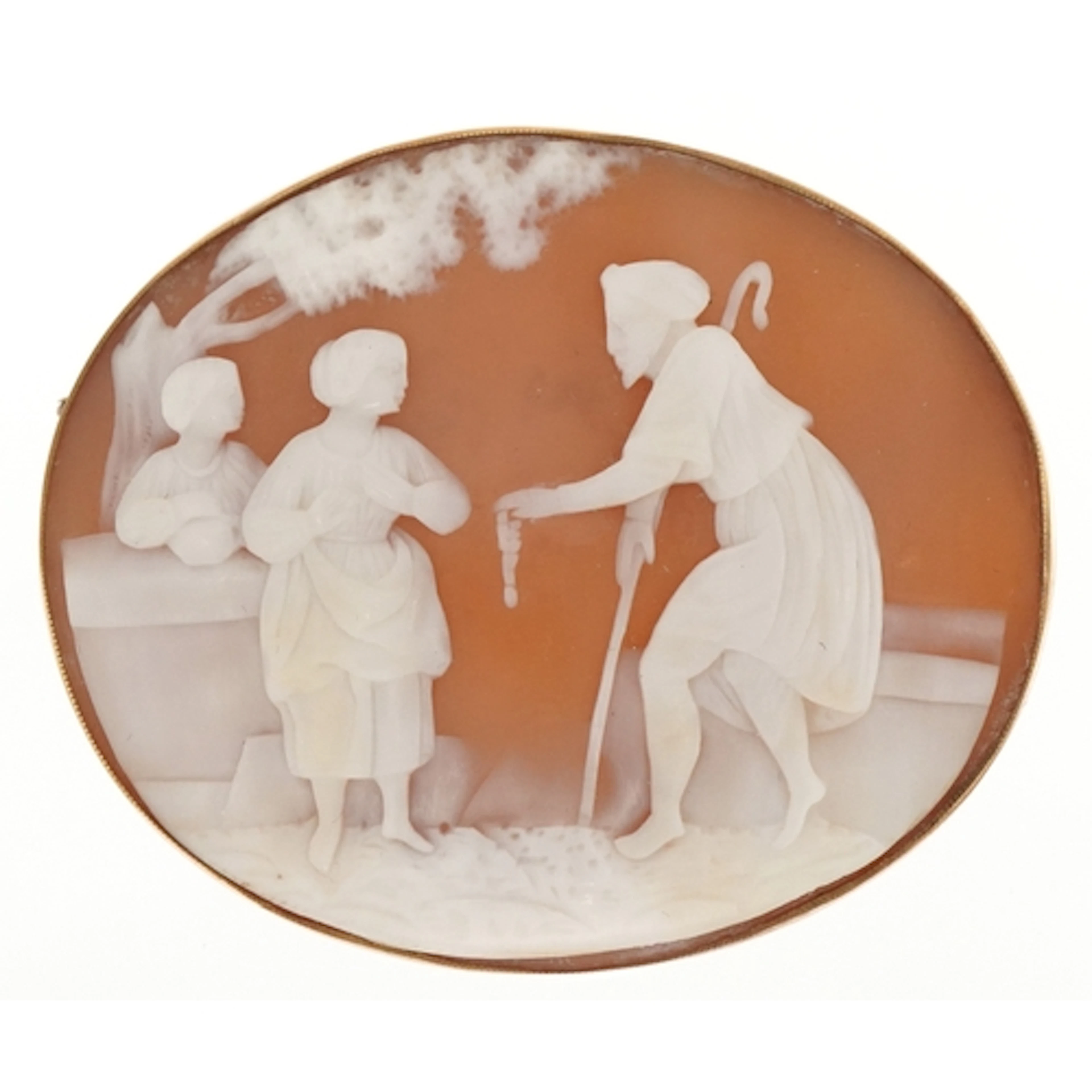 An antique 9ct gold mounted cameo shell brooch carved with c...
