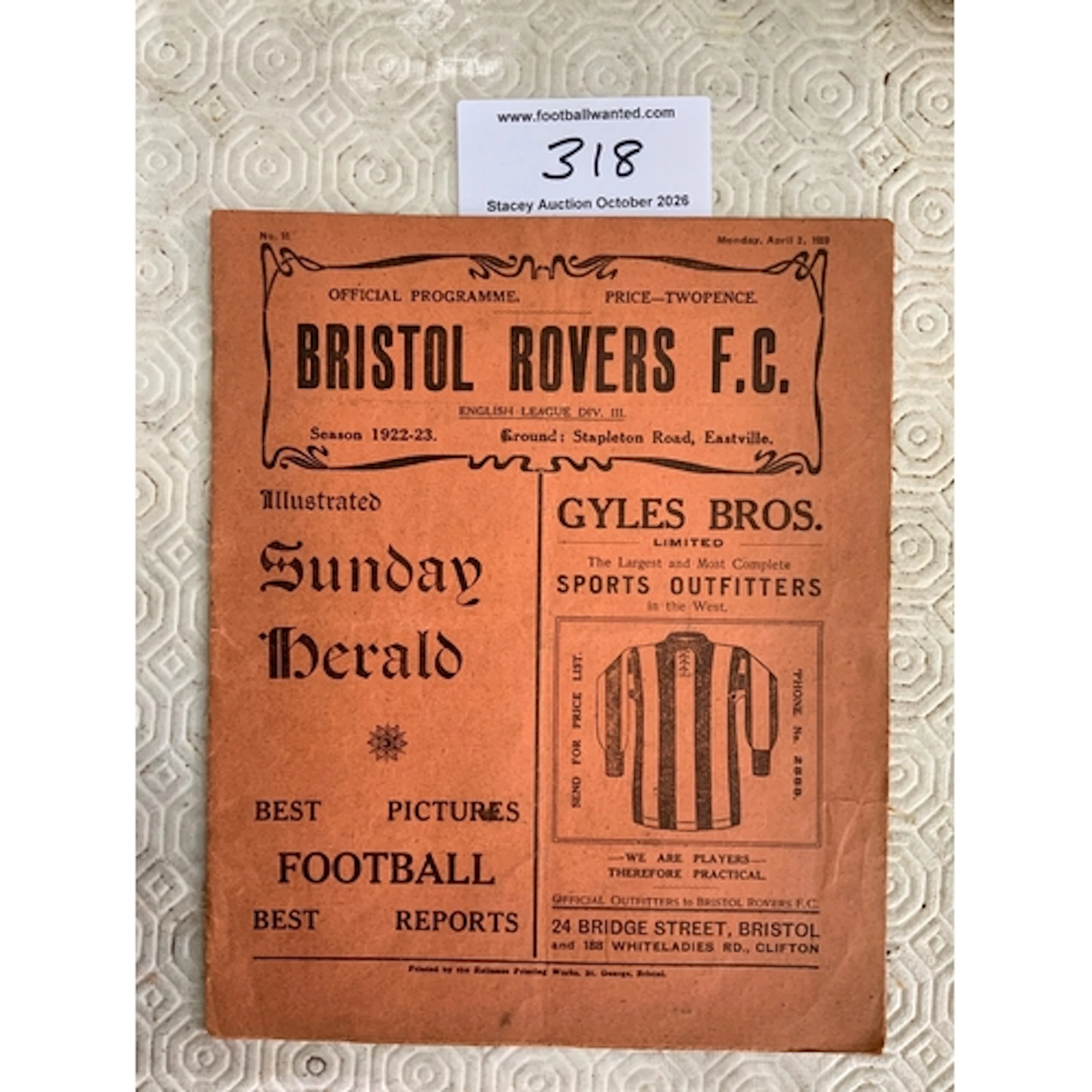 1922 - 1923 Bristol Rovers v Merthyr Town Football Programme...