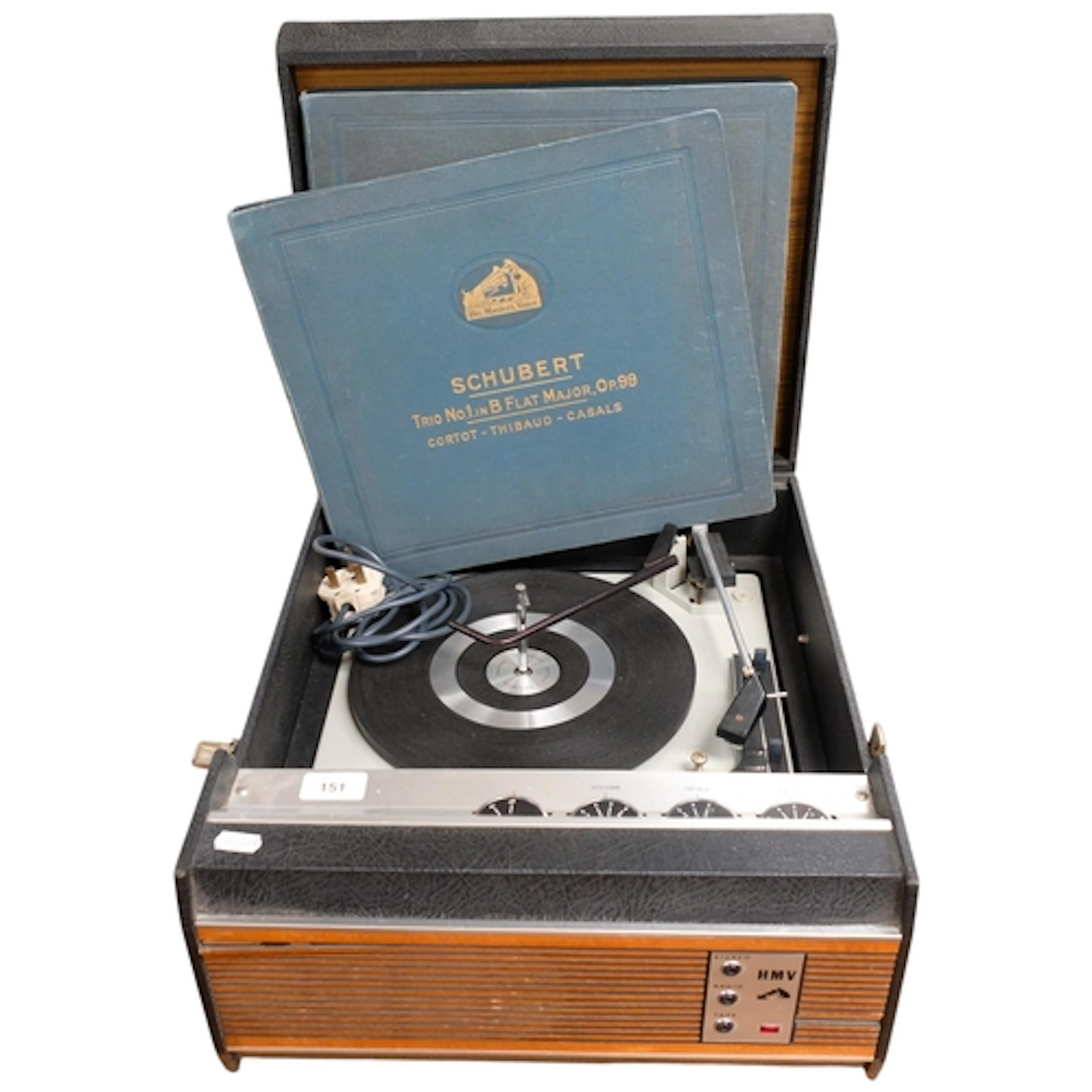 An HMV model 2040 portable record player, with 2 albums of H...