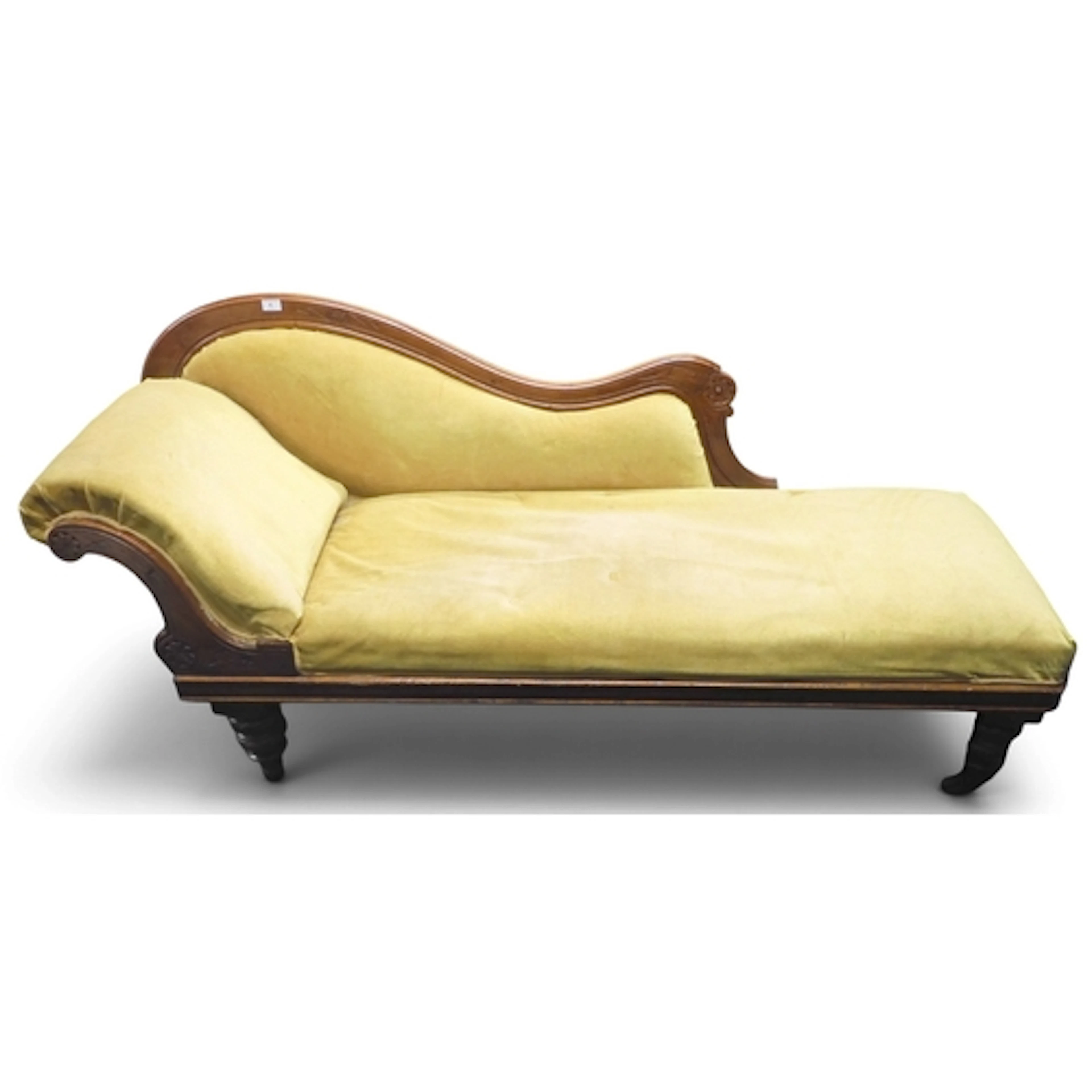 A Victorian beech framed scroll end chaise longue with yello...