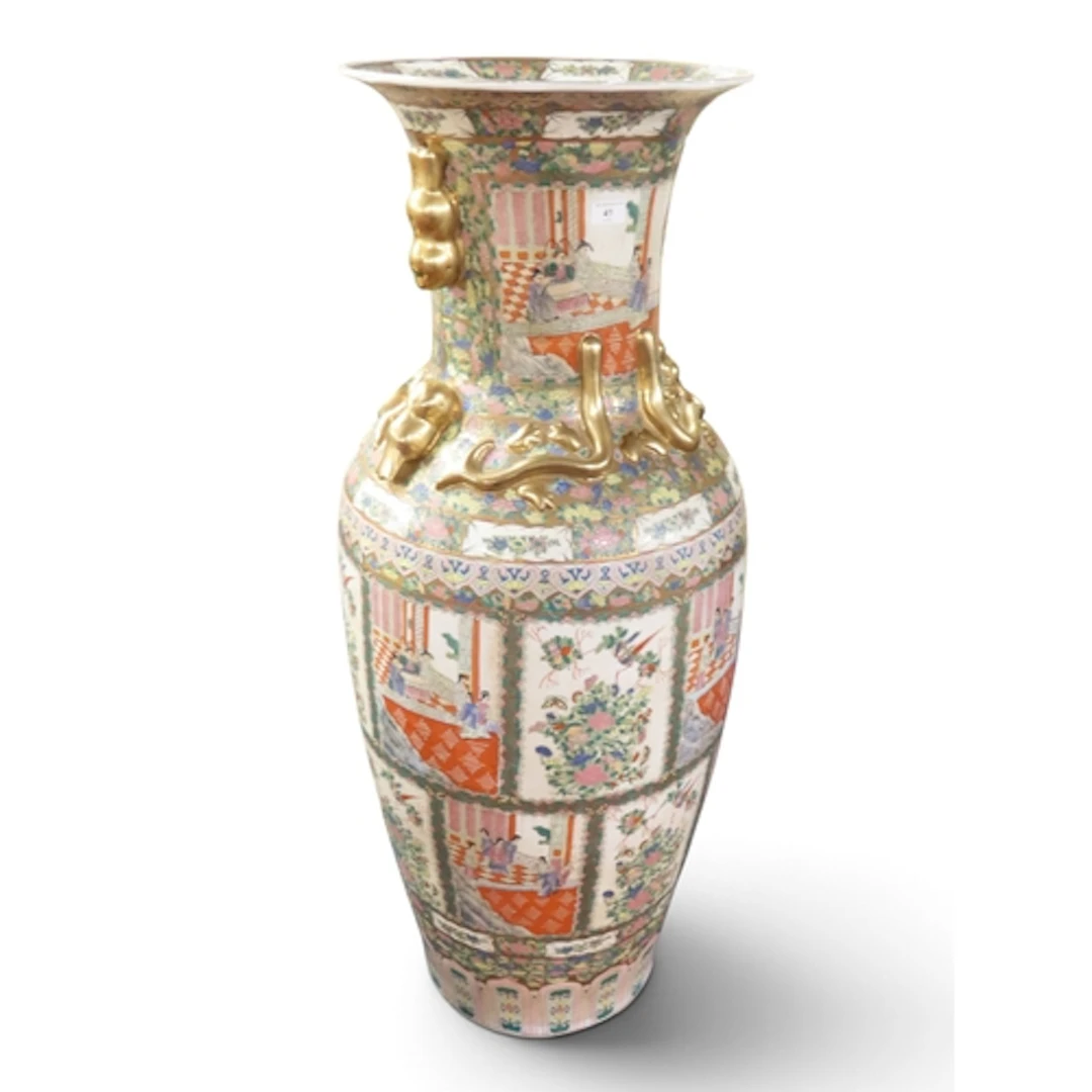 A large 20th century rose Canton style vase with gilt lobes ...