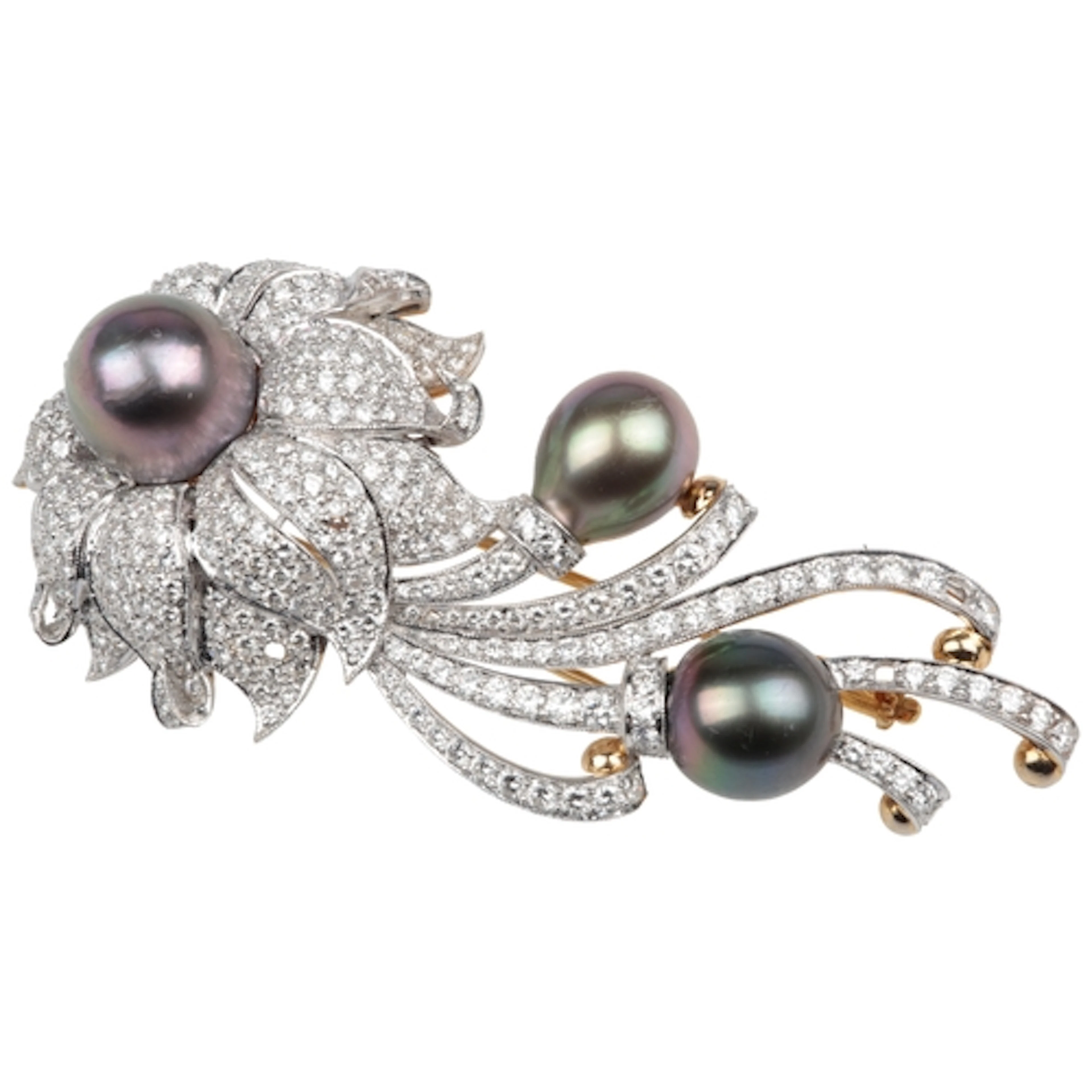 A cultured pearl and diamond brooch, designed as a flower is...