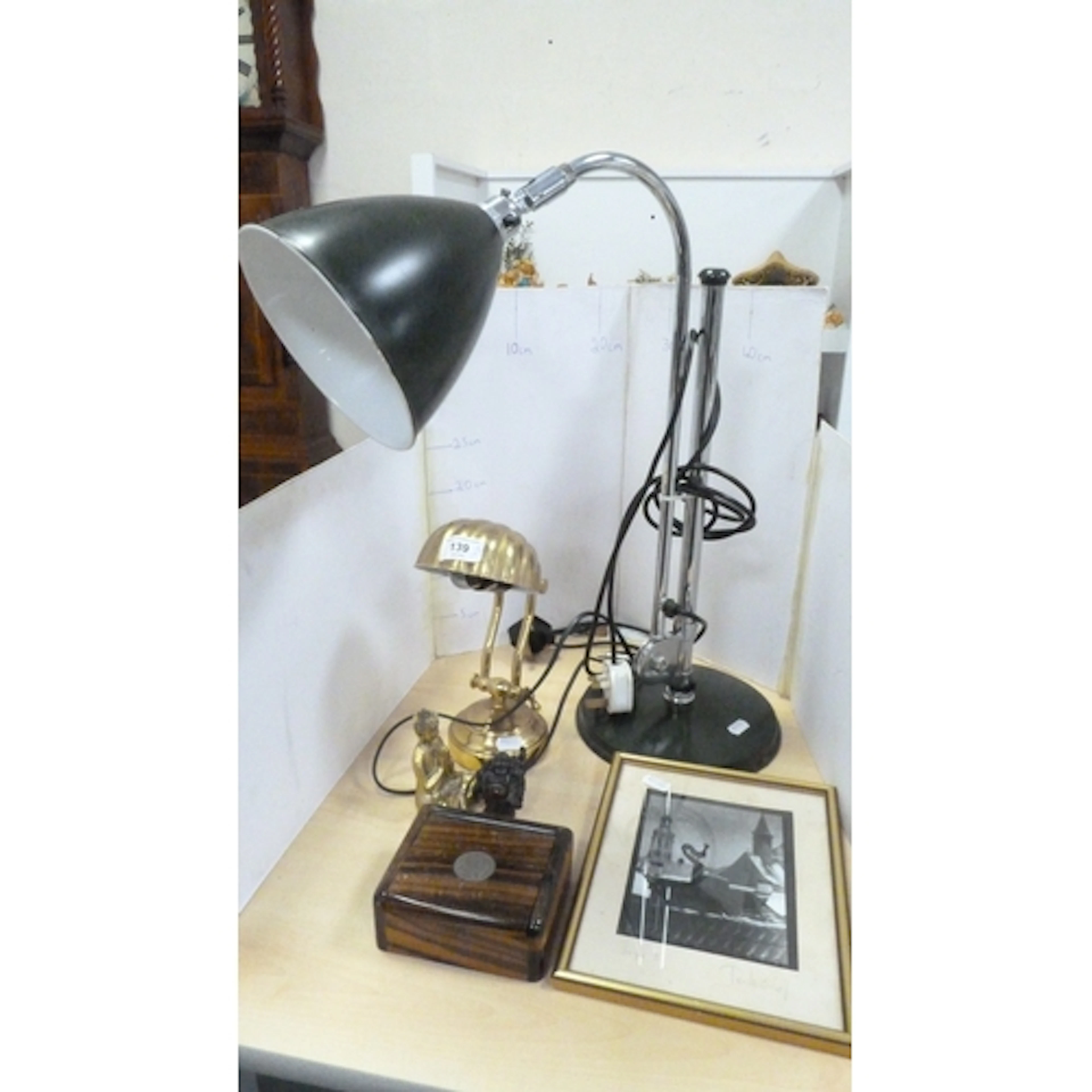 Desk lamp, with a small brass coated desk lamp, hardwood box...