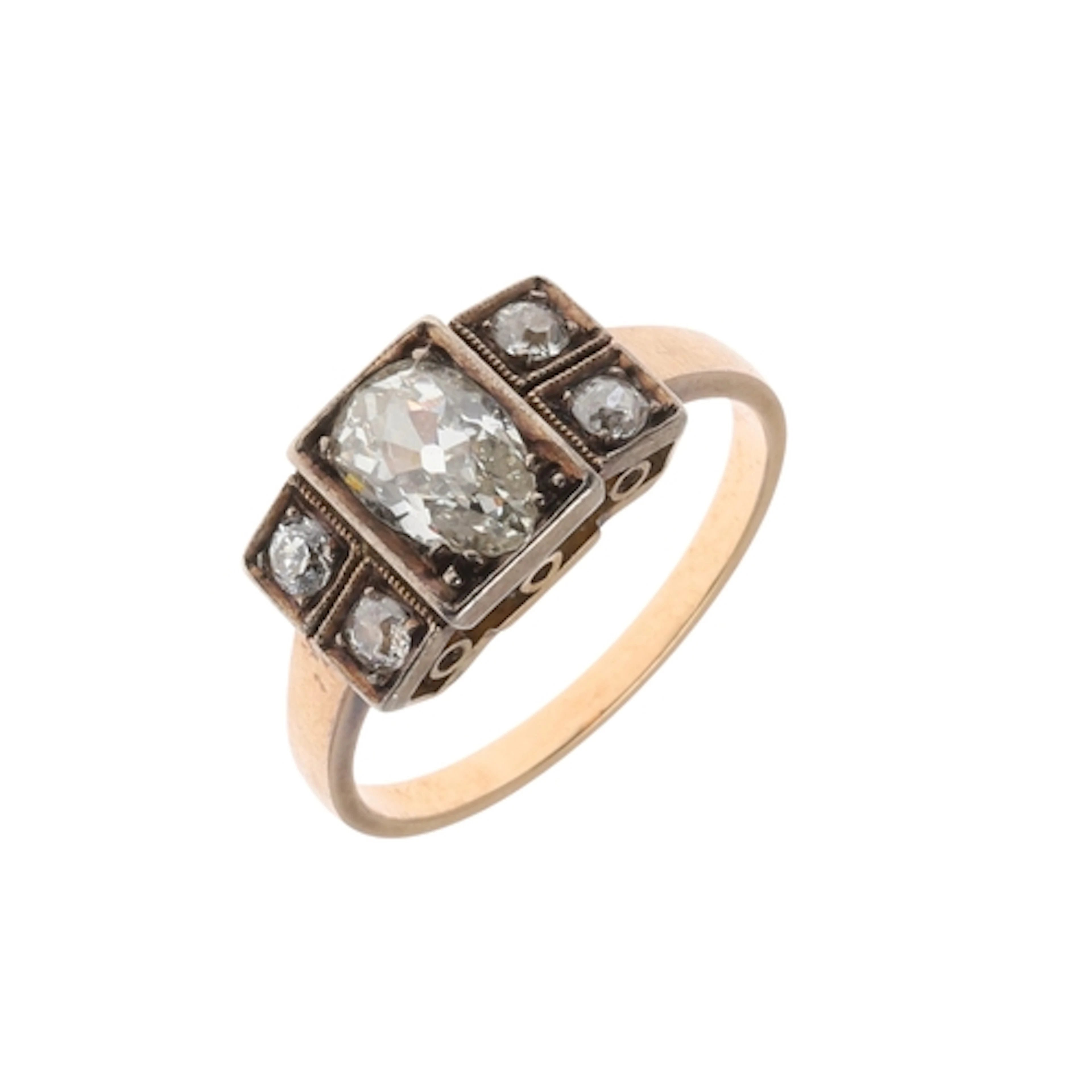 A DIAMOND RING. the pear-shaped diamond is set with two circ...