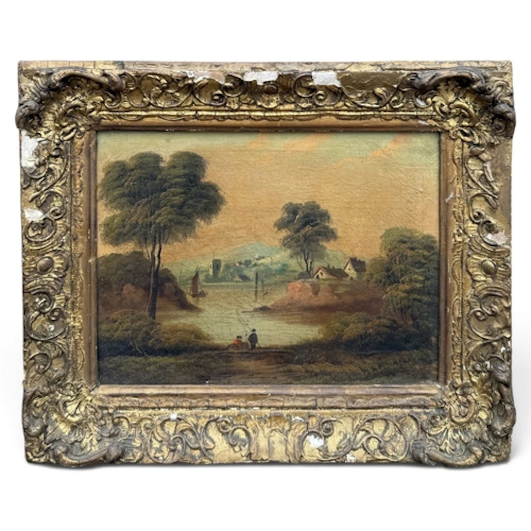 A NAIVE 18TH CENTURY ENGLISH RIVER LANDSCAPE WITH FIGURES Oi...