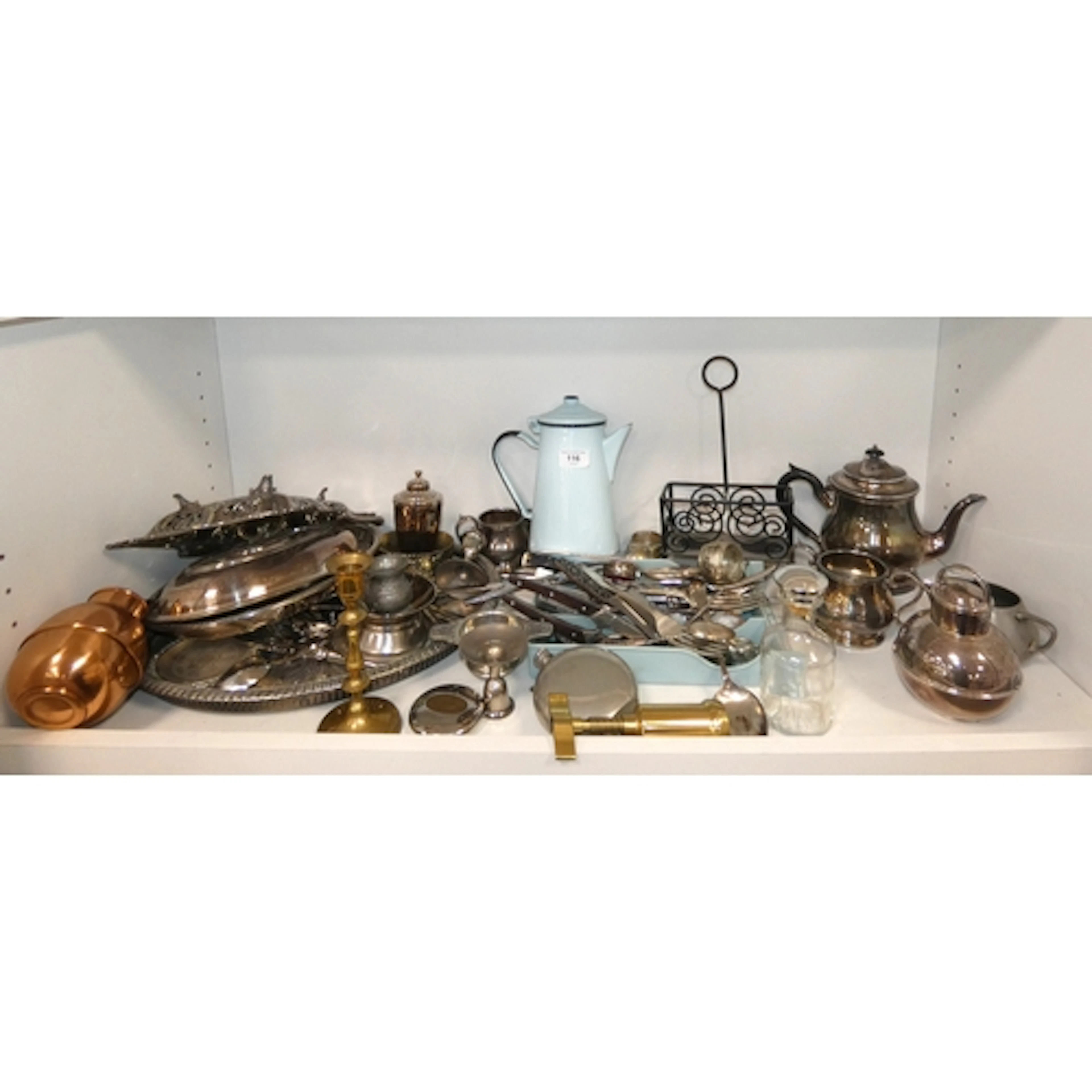 Epns to include flatware, platters, trays, enamelled tea pot...