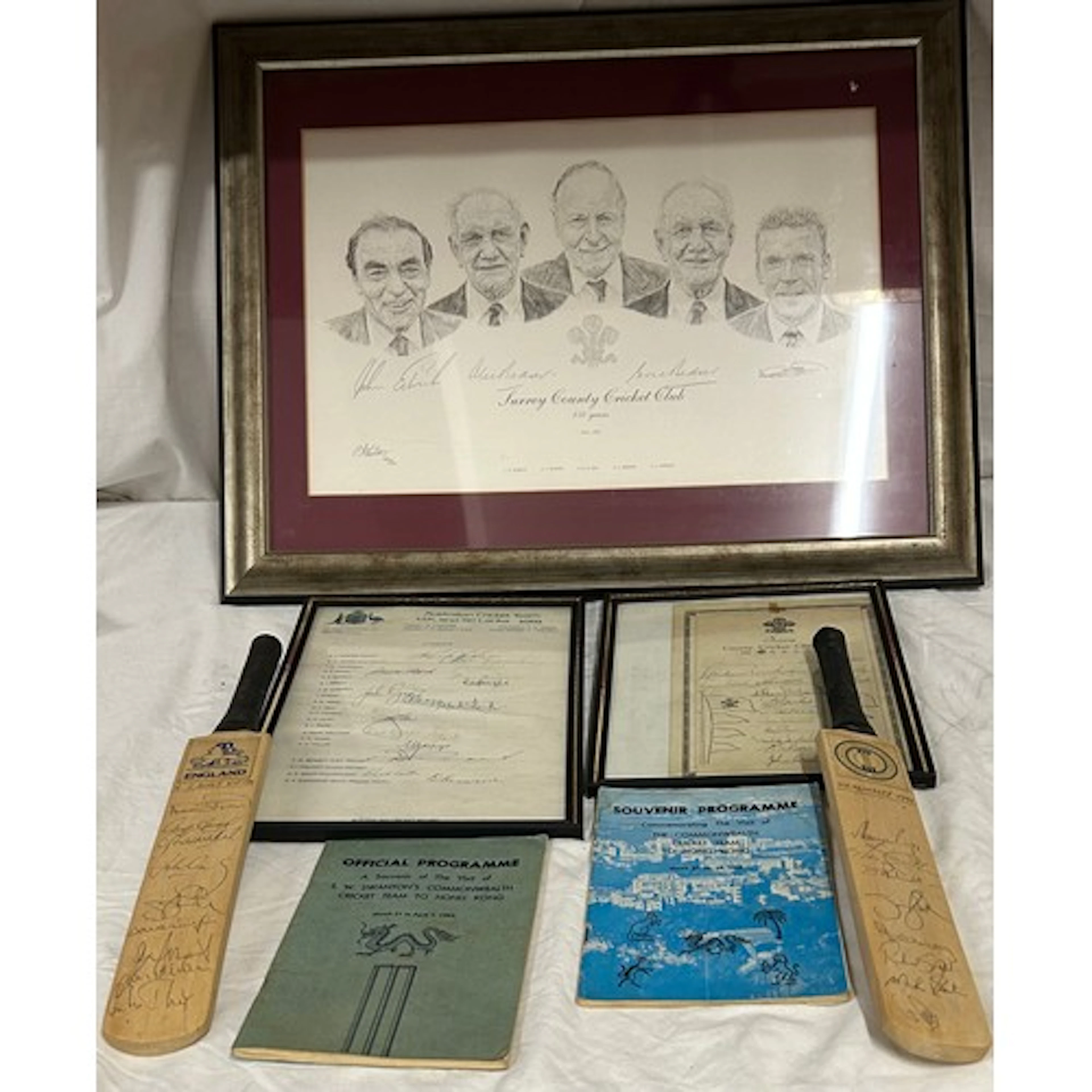 Cricket interest. Items to include: a framed list of the Aus...