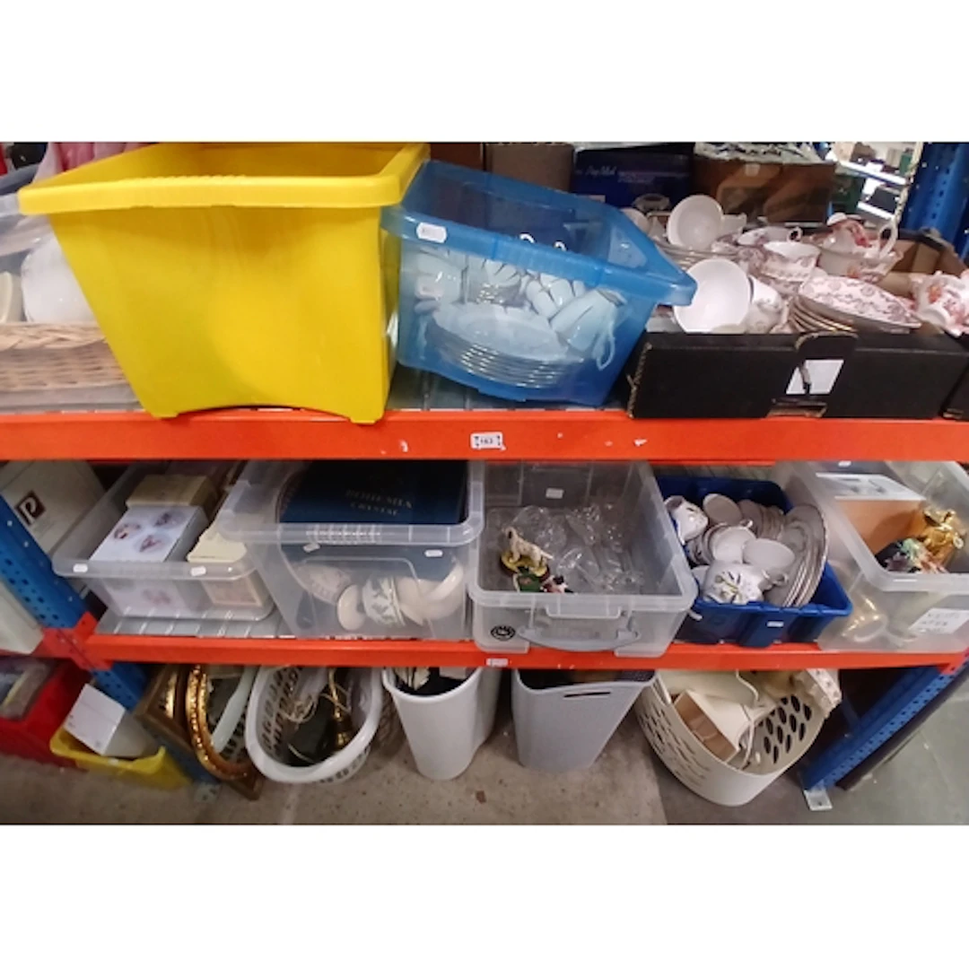 3 shelves of mixed items. 10 boxes and 4 baskets containing ...