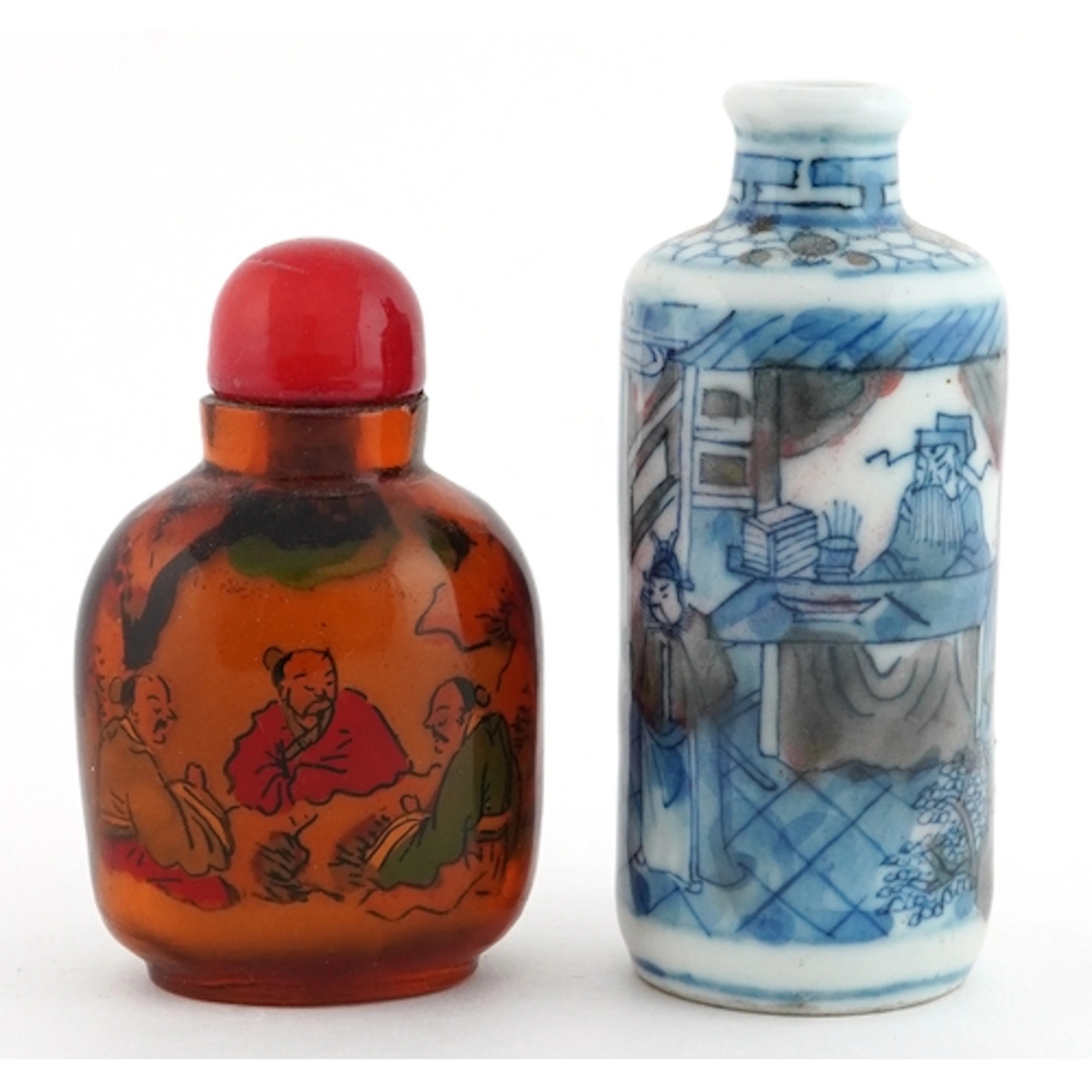 Two Chinese scent bottles comprising a porcelain blue and wh...