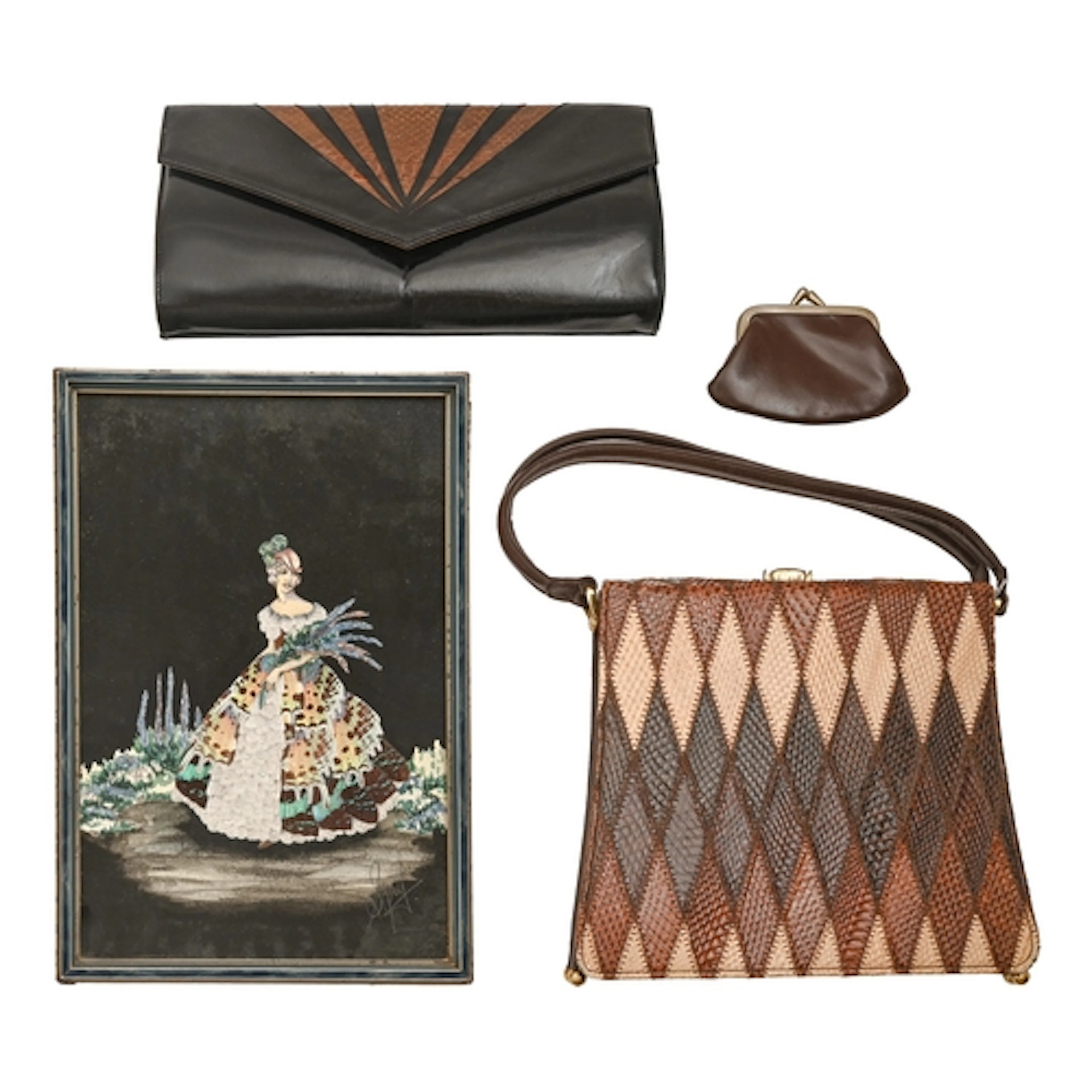 A vintage snakeskin and brown leather handbag, c1960s, 25cm ...