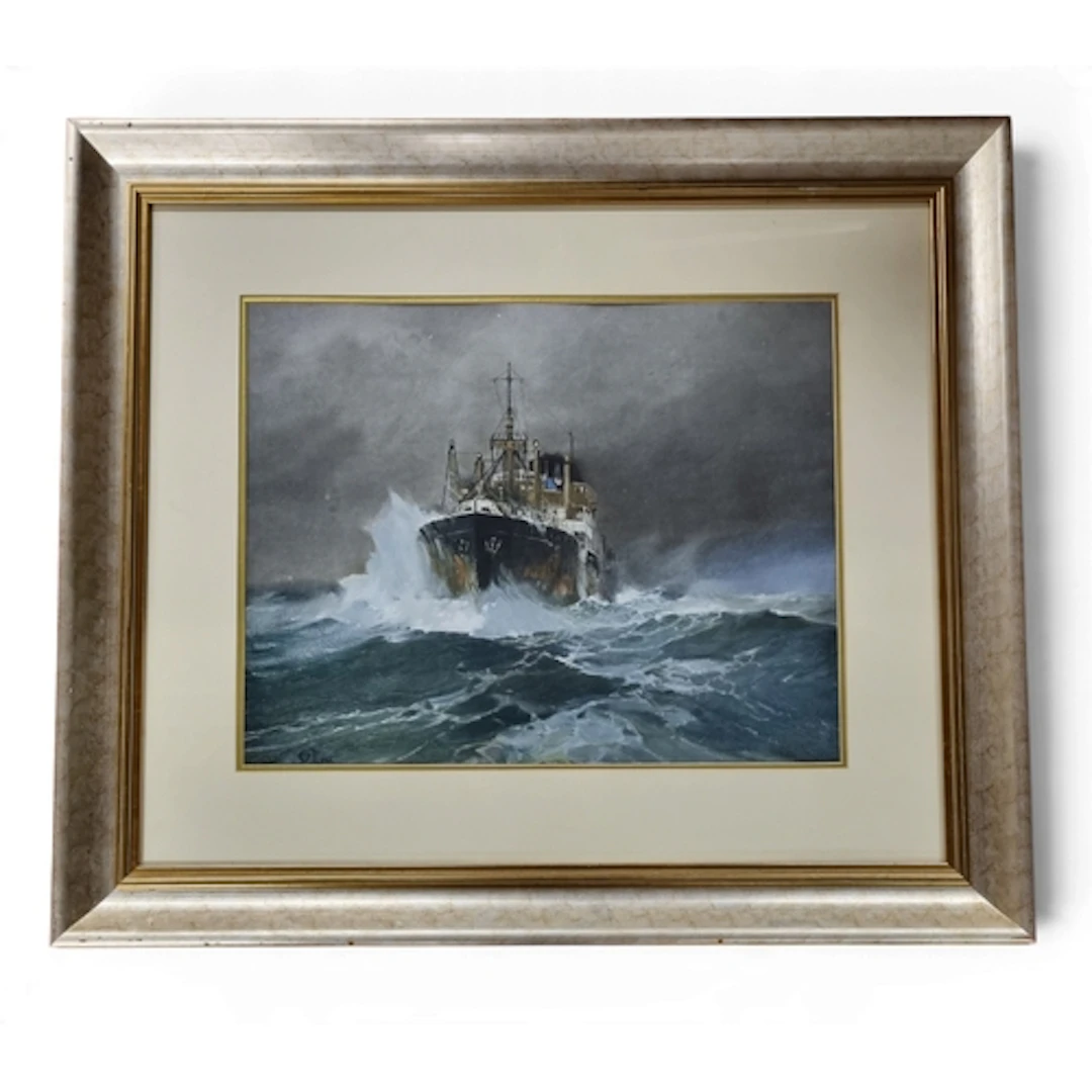A 20th Century coloured Print of a Freighter in Choppy Seas,...