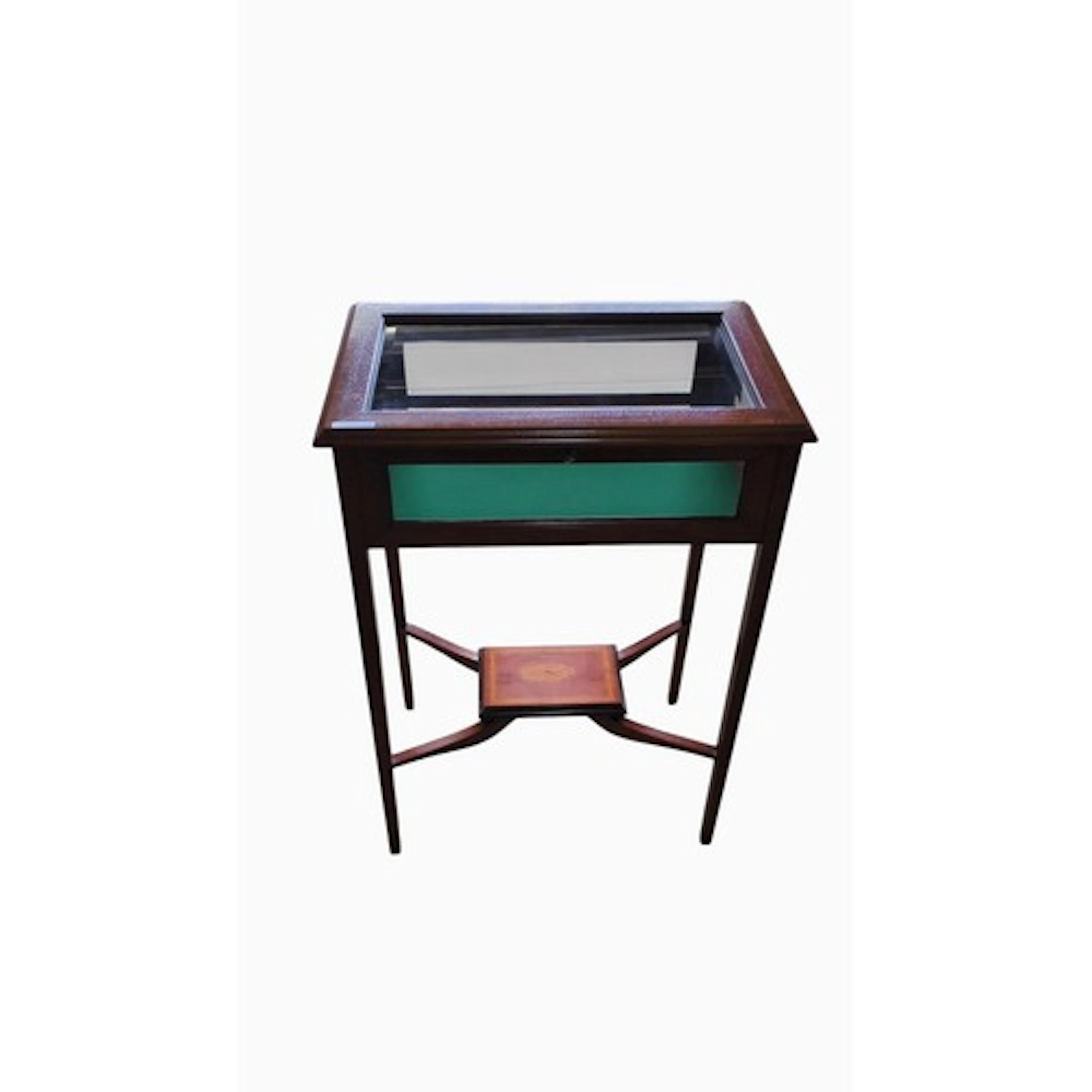 Late 20th century mahogany-veneered display table, the hinge...
