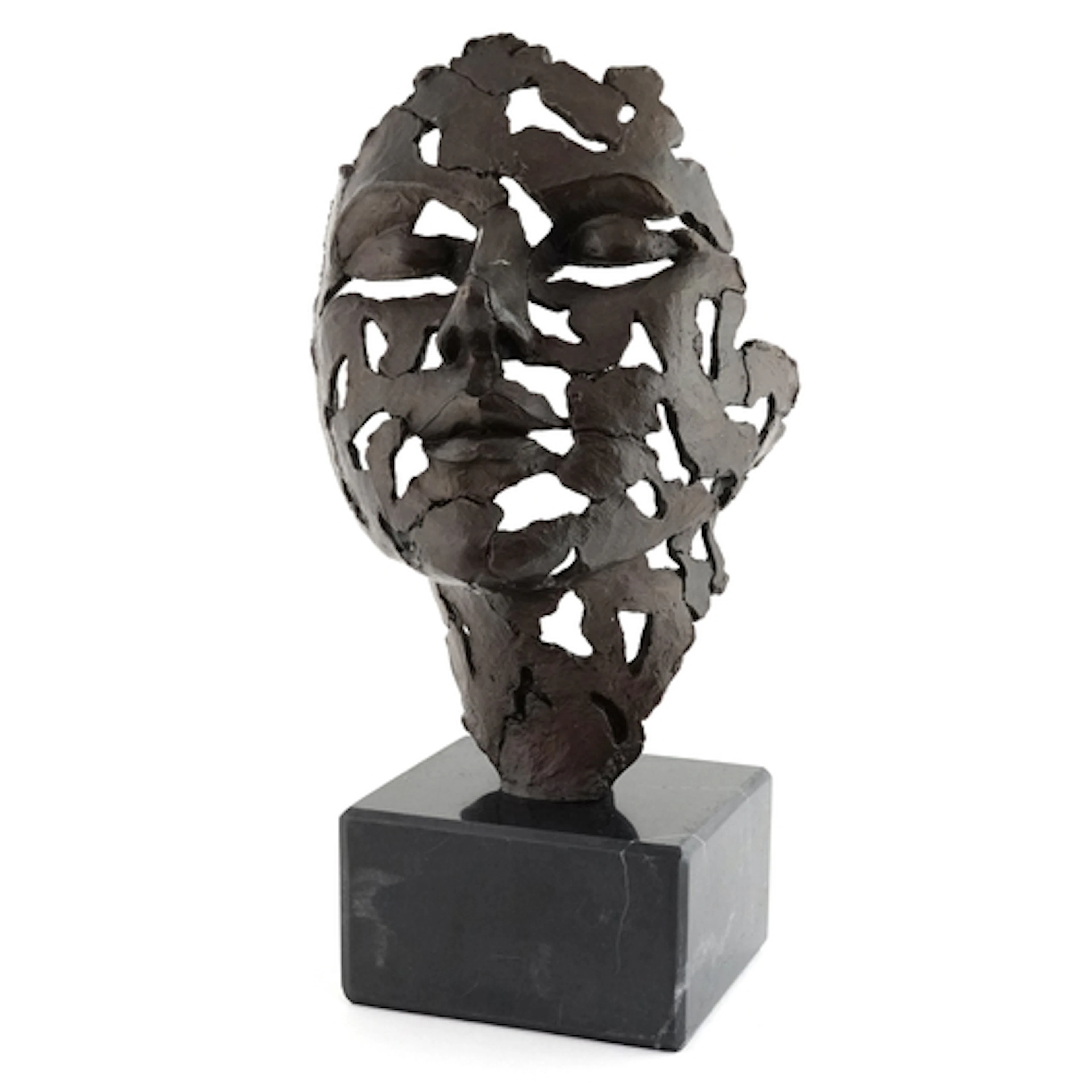 Patinated bronze sculpture of an abstract style face mask, r...