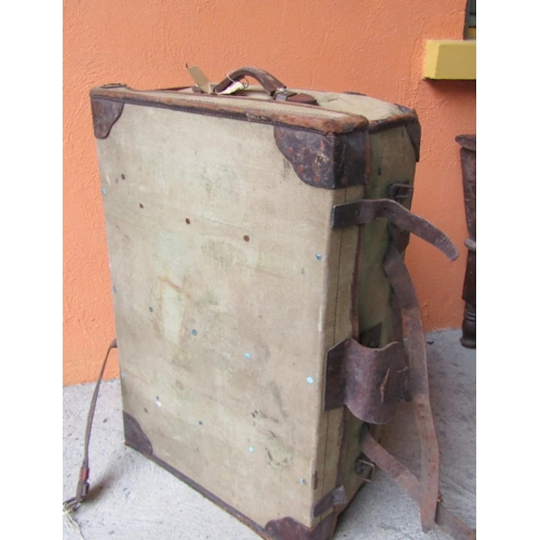 Old Leather and Canvas Bound Travelling Trunk with Side Carr...