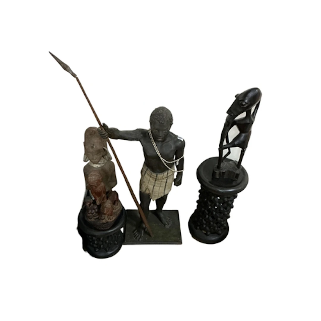 Three African hardwood carvings, two carved wood stands and ...