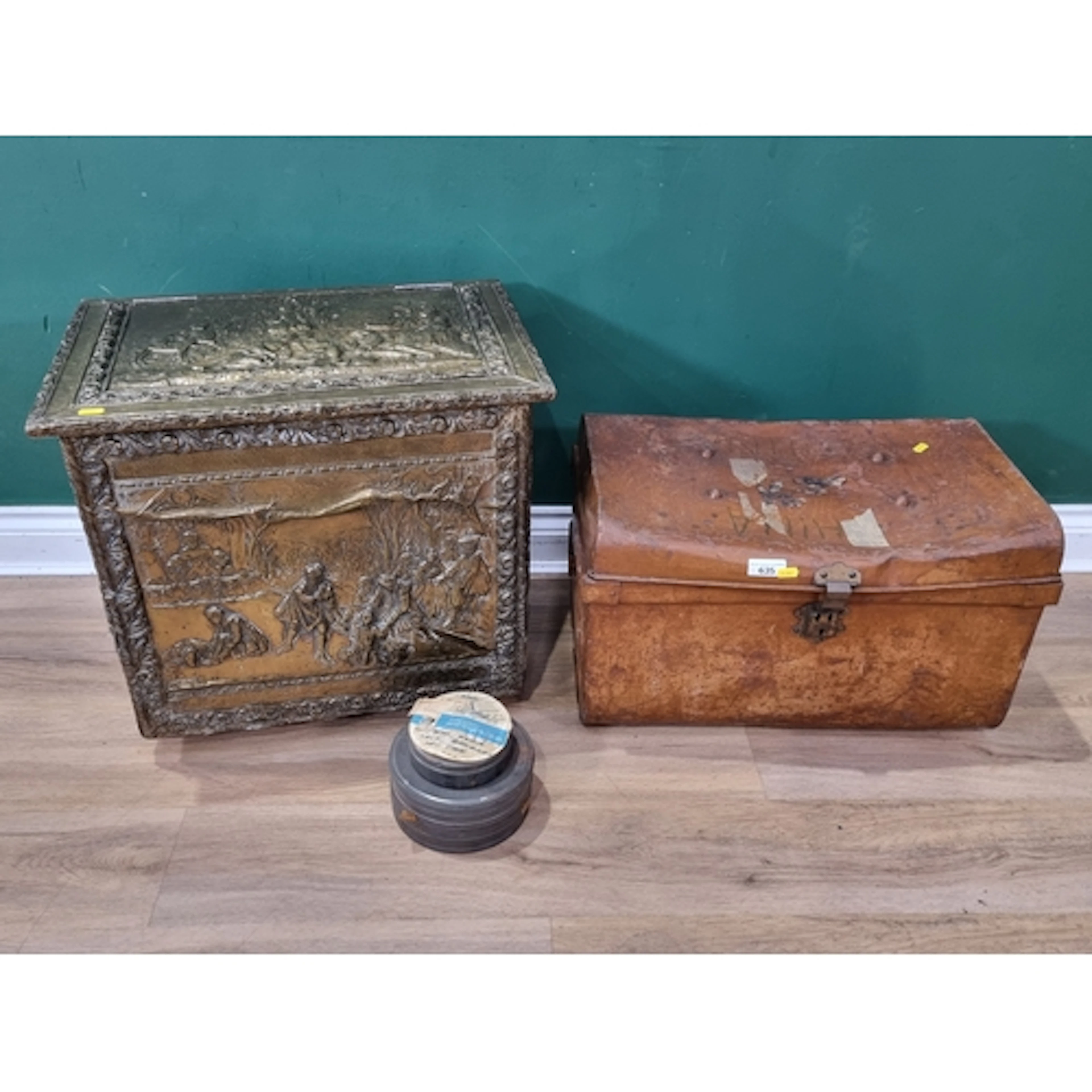 An embossed copper coal Box a metal storage trunk etc, (R6).